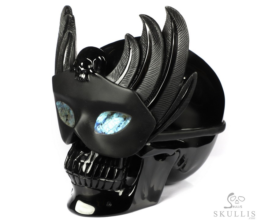 6.7" Black Obsidian Carved Masquerade Crystal Skull Sculpture, Crystal Healing 6.7" Black Obsidian Carved Masquerade Crystal Skull Sculpture, Crystal Healing