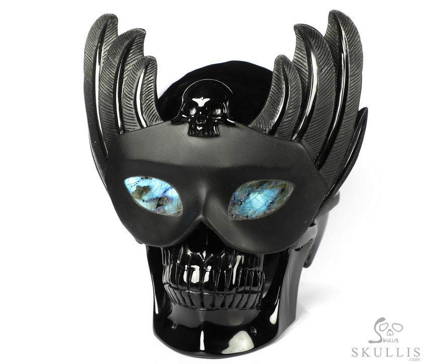 6.7" Black Obsidian Carved Masquerade Crystal Skull Sculpture, Crystal Healing 6.7" Black Obsidian Carved Masquerade Crystal Skull Sculpture, Crystal Healing