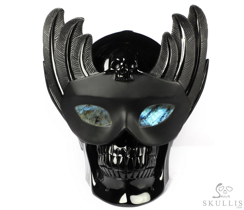 6.7" Black Obsidian Carved Masquerade Crystal Skull Sculpture, Crystal Healing 6.7" Black Obsidian Carved Masquerade Crystal Skull Sculpture, Crystal Healing