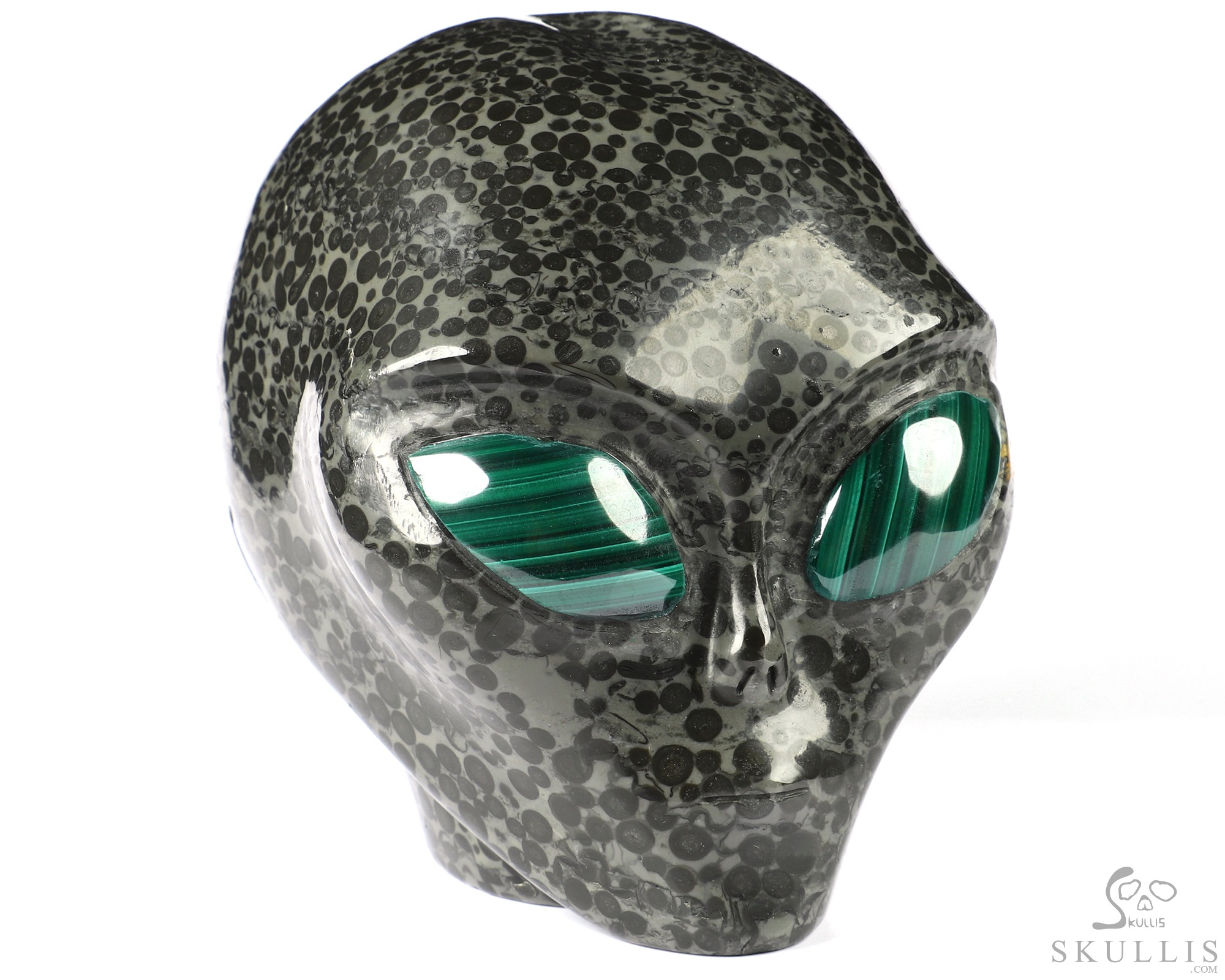 4.1" Chinese Leopard Skin Jasper Star Being Female Alien Crystal Skull Companion With Malachite Eyes, Hand Carved Gemstone Fine Art Sculpture, Reiki Healing Stone Statue 4.1" Chinese Leopard Skin Jasper Star Being Female Alien Crystal Skull Companion With Malachite Eyes, Hand Carved Gemstone Fine Art Sculpture, Reiki Healing Stone Statue