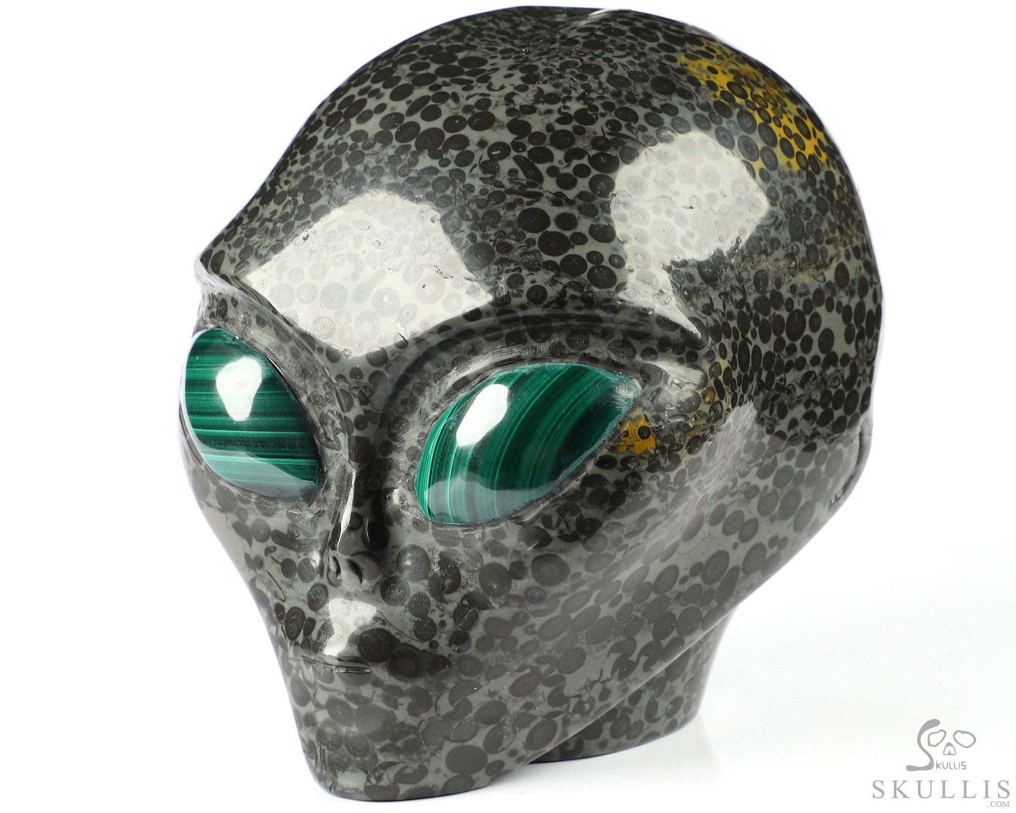4.1" Chinese Leopard Skin Jasper Star Being Female Alien Crystal Skull Companion With Malachite Eyes, Hand Carved Gemstone Fine Art Sculpture, Reiki Healing Stone Statue 4.1" Chinese Leopard Skin Jasper Star Being Female Alien Crystal Skull Companion With Malachite Eyes, Hand Carved Gemstone Fine Art Sculpture, Reiki Healing Stone Statue