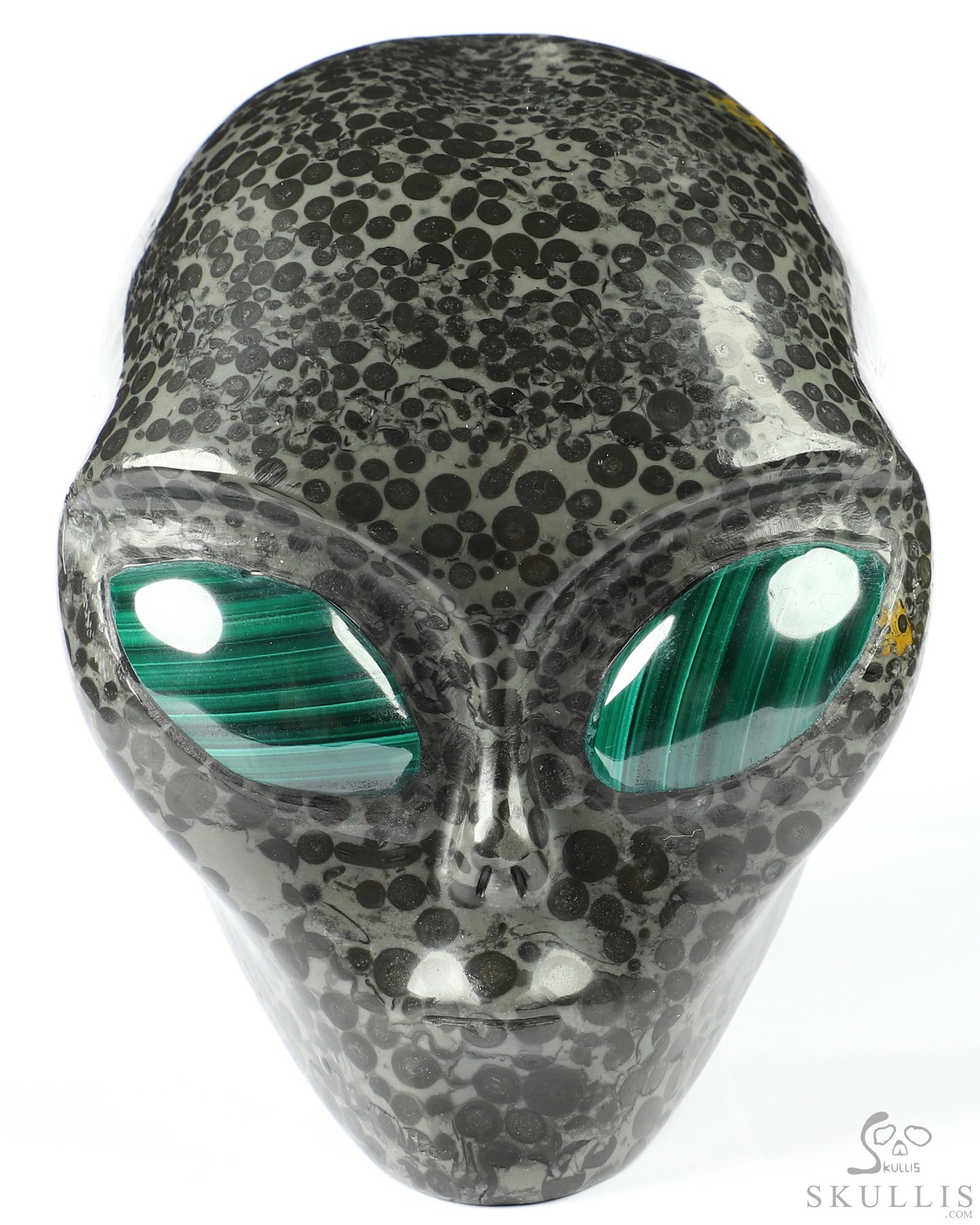 4.1" Chinese Leopard Skin Jasper Star Being Female Alien Crystal Skull Companion With Malachite Eyes, Hand Carved Gemstone Fine Art Sculpture, Reiki Healing Stone Statue 4.1" Chinese Leopard Skin Jasper Star Being Female Alien Crystal Skull Companion With Malachite Eyes, Hand Carved Gemstone Fine Art Sculpture, Reiki Healing Stone Statue