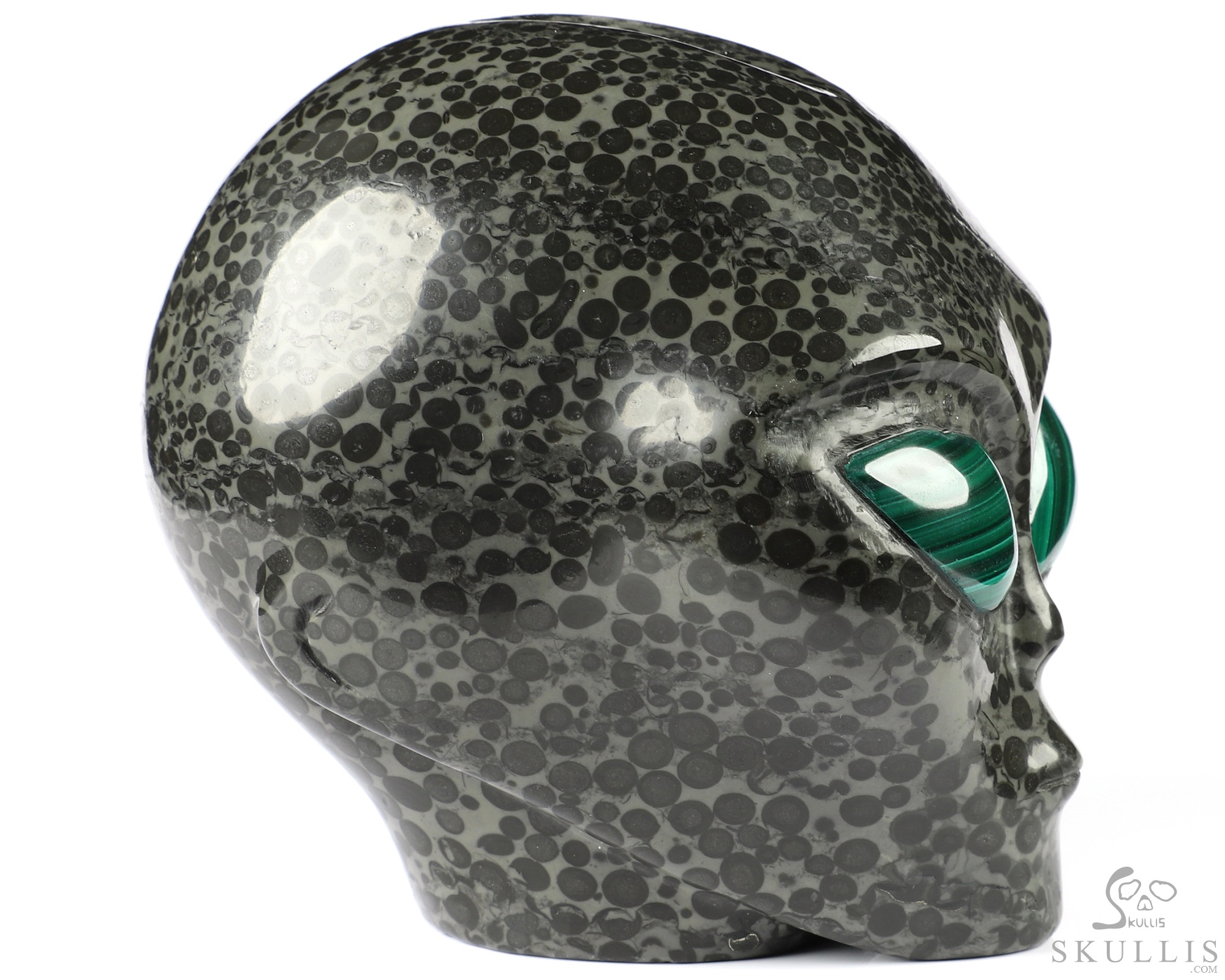 4.1" Chinese Leopard Skin Jasper Star Being Female Alien Crystal Skull Companion With Malachite Eyes, Hand Carved Gemstone Fine Art Sculpture, Reiki Healing Stone Statue 4.1" Chinese Leopard Skin Jasper Star Being Female Alien Crystal Skull Companion With Malachite Eyes, Hand Carved Gemstone Fine Art Sculpture, Reiki Healing Stone Statue