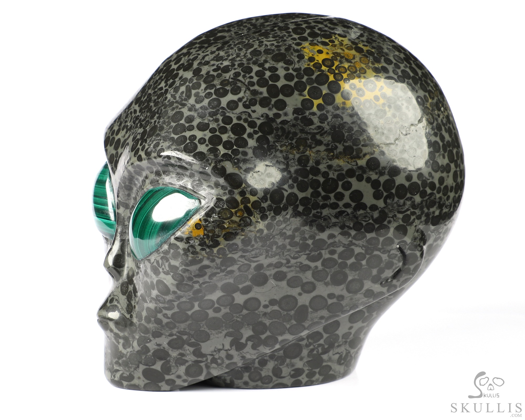 4.1" Chinese Leopard Skin Jasper Star Being Female Alien Crystal Skull Companion With Malachite Eyes, Hand Carved Gemstone Fine Art Sculpture, Reiki Healing Stone Statue 4.1" Chinese Leopard Skin Jasper Star Being Female Alien Crystal Skull Companion With Malachite Eyes, Hand Carved Gemstone Fine Art Sculpture, Reiki Healing Stone Statue