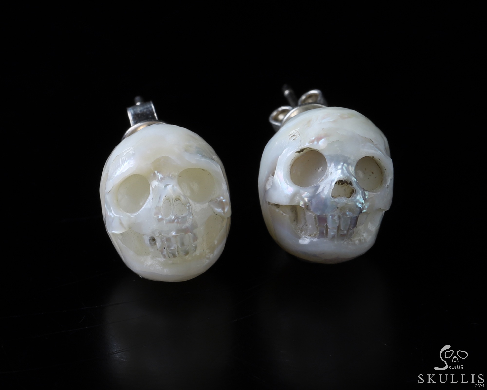  Pearl Hand Carved Crystal Skull Earrings, Skull Jewelry