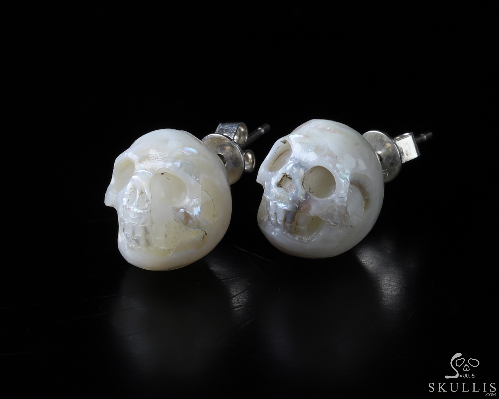  Pearl Hand Carved Crystal Skull Earrings, Skull Jewelry