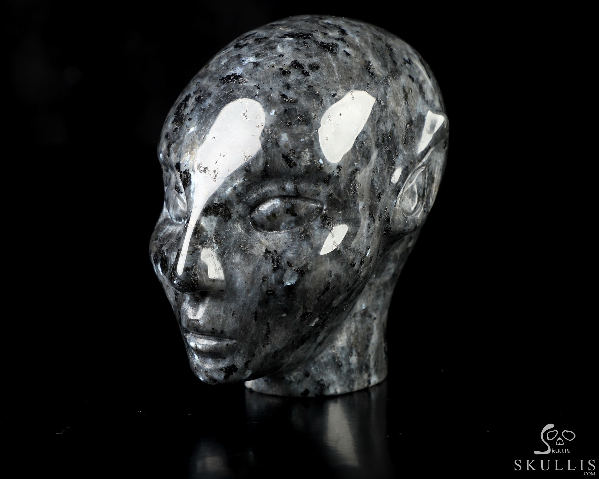 3.5" Larvikite Hand Carved Fairy Elf Alien Crystal Skull Companion Sculpture, Crystal Healing 3.5" Larvikite Hand Carved Fairy Elf Alien Crystal Skull Companion Sculpture, Crystal Healing