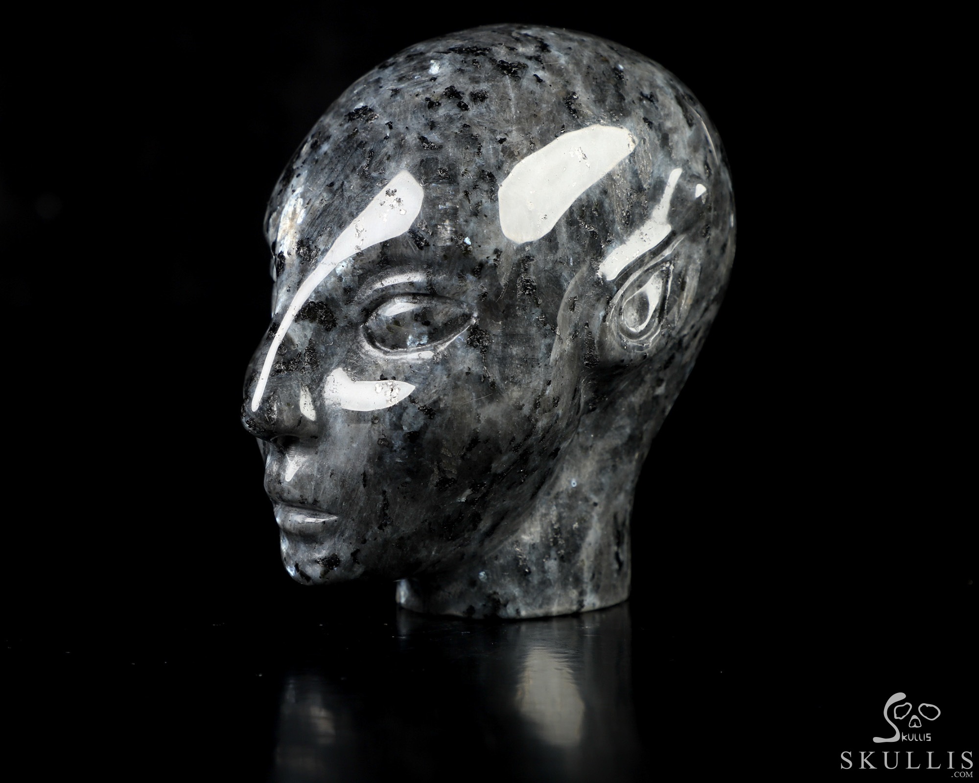 3.5" Larvikite Hand Carved Fairy Elf Alien Crystal Skull Companion Sculpture, Crystal Healing 3.5" Larvikite Hand Carved Fairy Elf Alien Crystal Skull Companion Sculpture, Crystal Healing