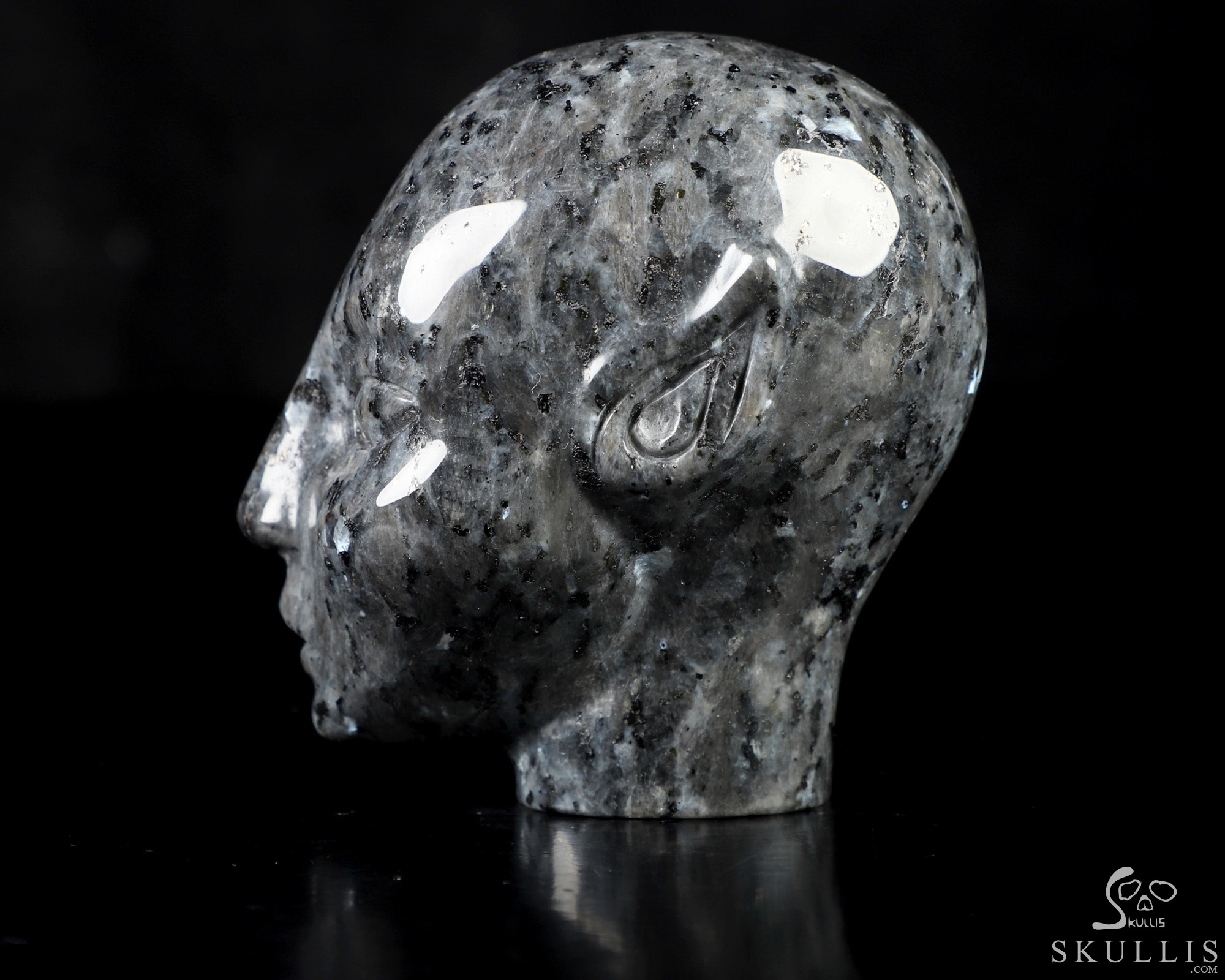 3.5" Larvikite Hand Carved Fairy Elf Alien Crystal Skull Companion Sculpture, Crystal Healing 3.5" Larvikite Hand Carved Fairy Elf Alien Crystal Skull Companion Sculpture, Crystal Healing