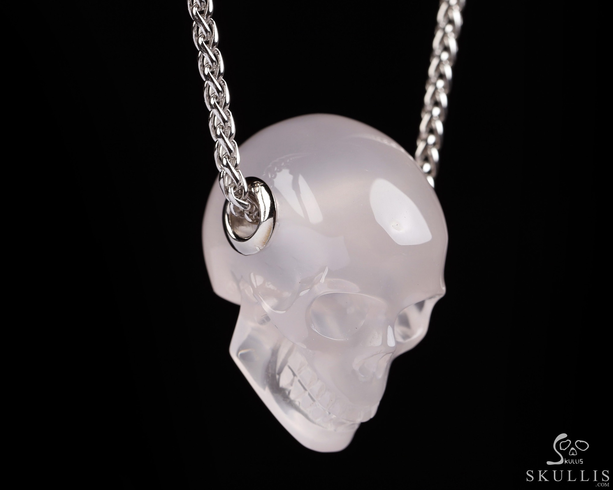 Necklace of 1.1" Rose Quartz Hand Carved Crystal Skull Pendant, Skull Jewelry Necklace of 1.1" Rose Quartz Hand Carved Crystal Skull Pendant, Skull Jewelry