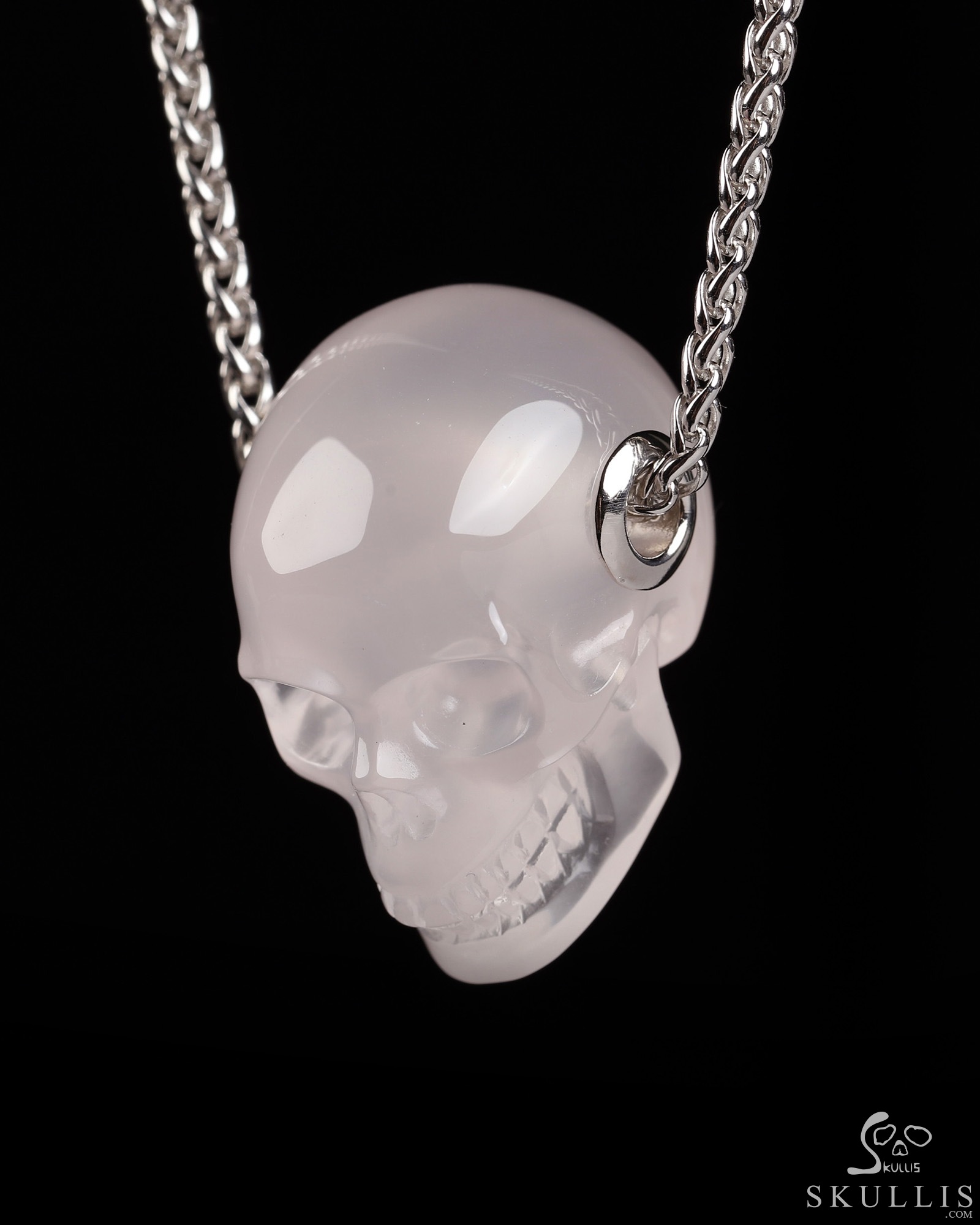 Necklace of 1.1" Rose Quartz Hand Carved Crystal Skull Pendant, Skull Jewelry Necklace of 1.1" Rose Quartz Hand Carved Crystal Skull Pendant, Skull Jewelry