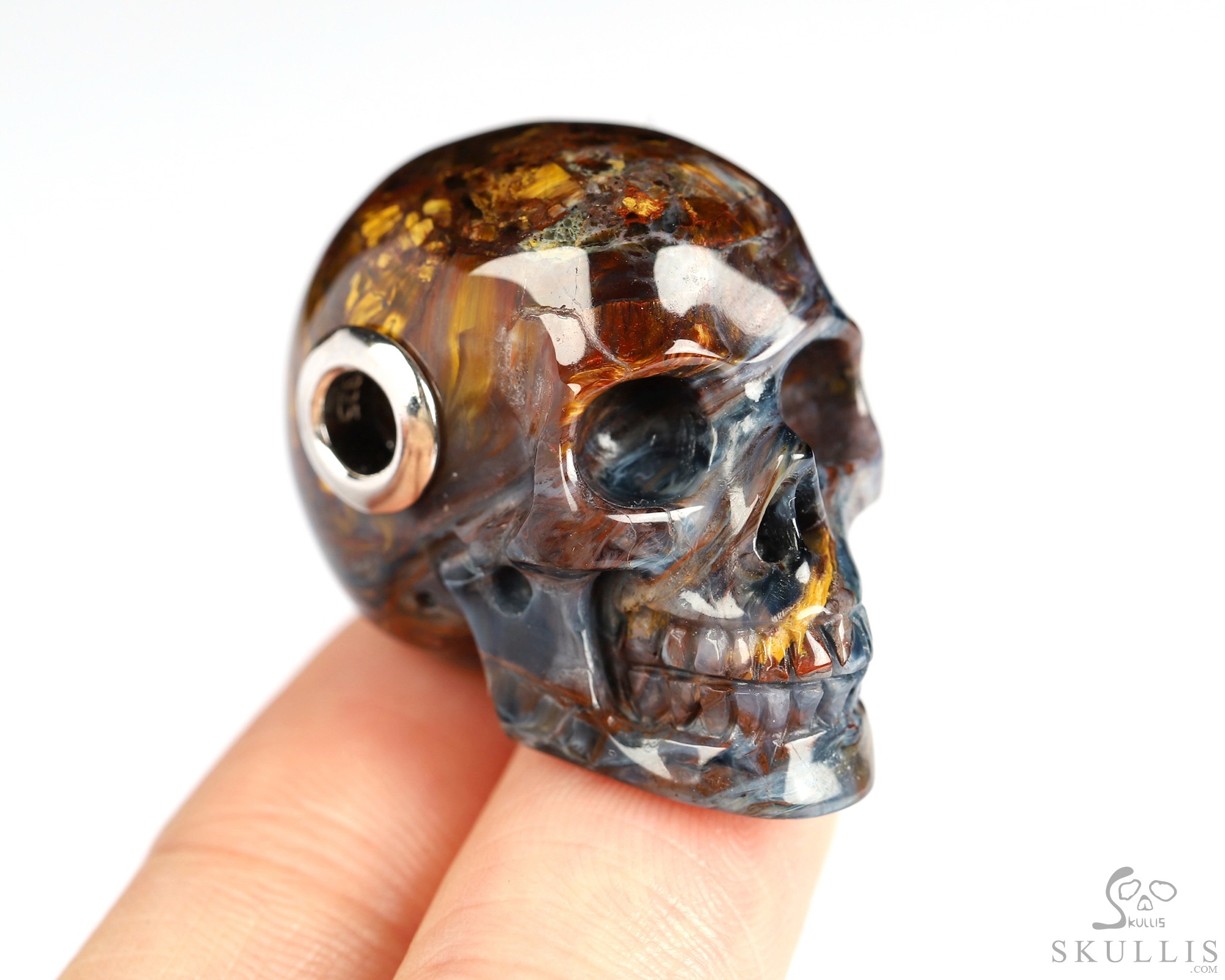 Necklace of 1.1" Pietersite Hand Carved Crystal Skull Pendant, Skull Jewelry Necklace of 1.1" Pietersite Hand Carved Crystal Skull Pendant, Skull Jewelry