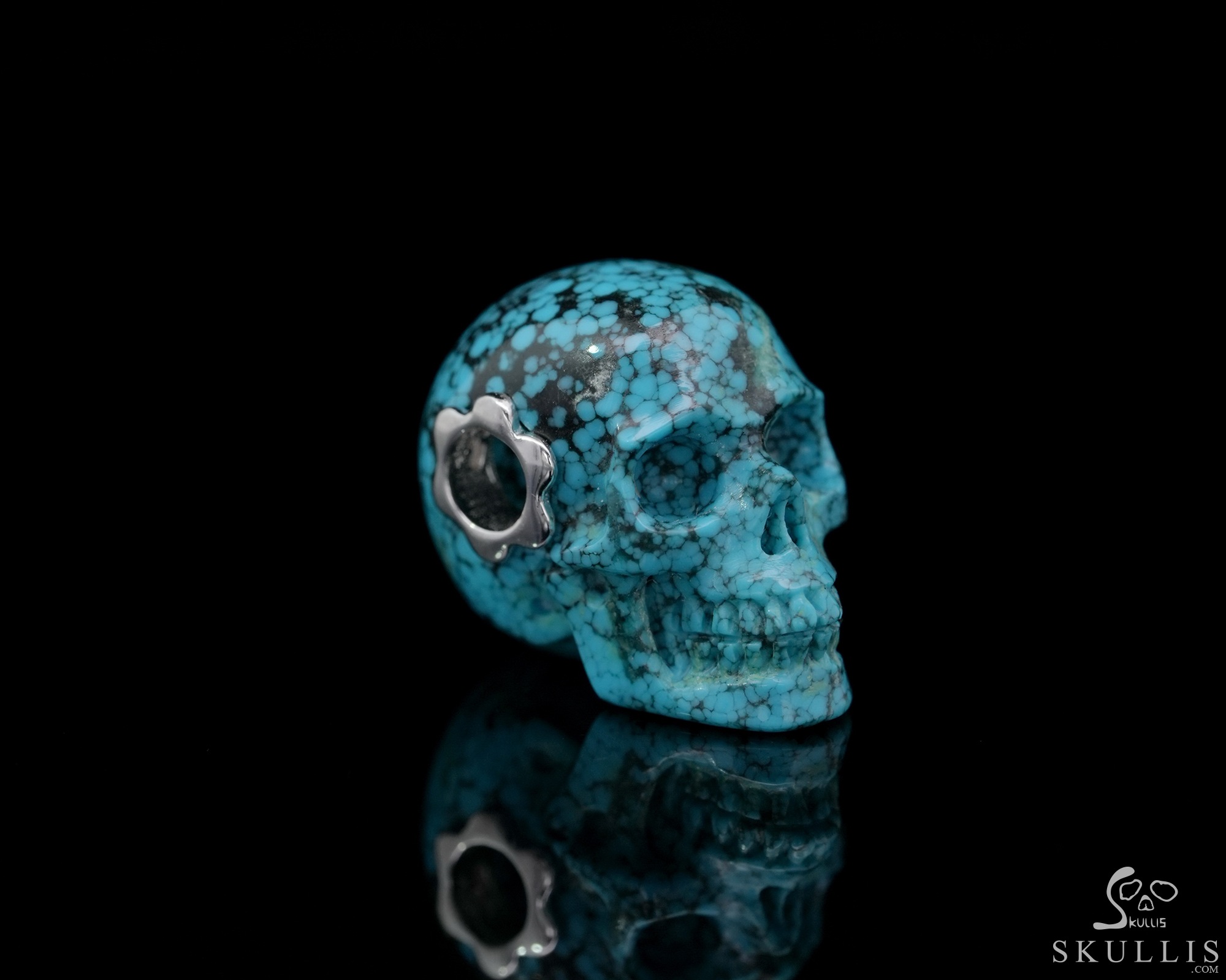 Gemstone Necklace of 0.7" Spider Web Turquoise Hand Carved Crystal Skull Pendant, Skull Jewelry Gemstone Necklace of 0.7" Spider Web Turquoise Hand Carved Crystal Skull Pendant, Skull Jewelry