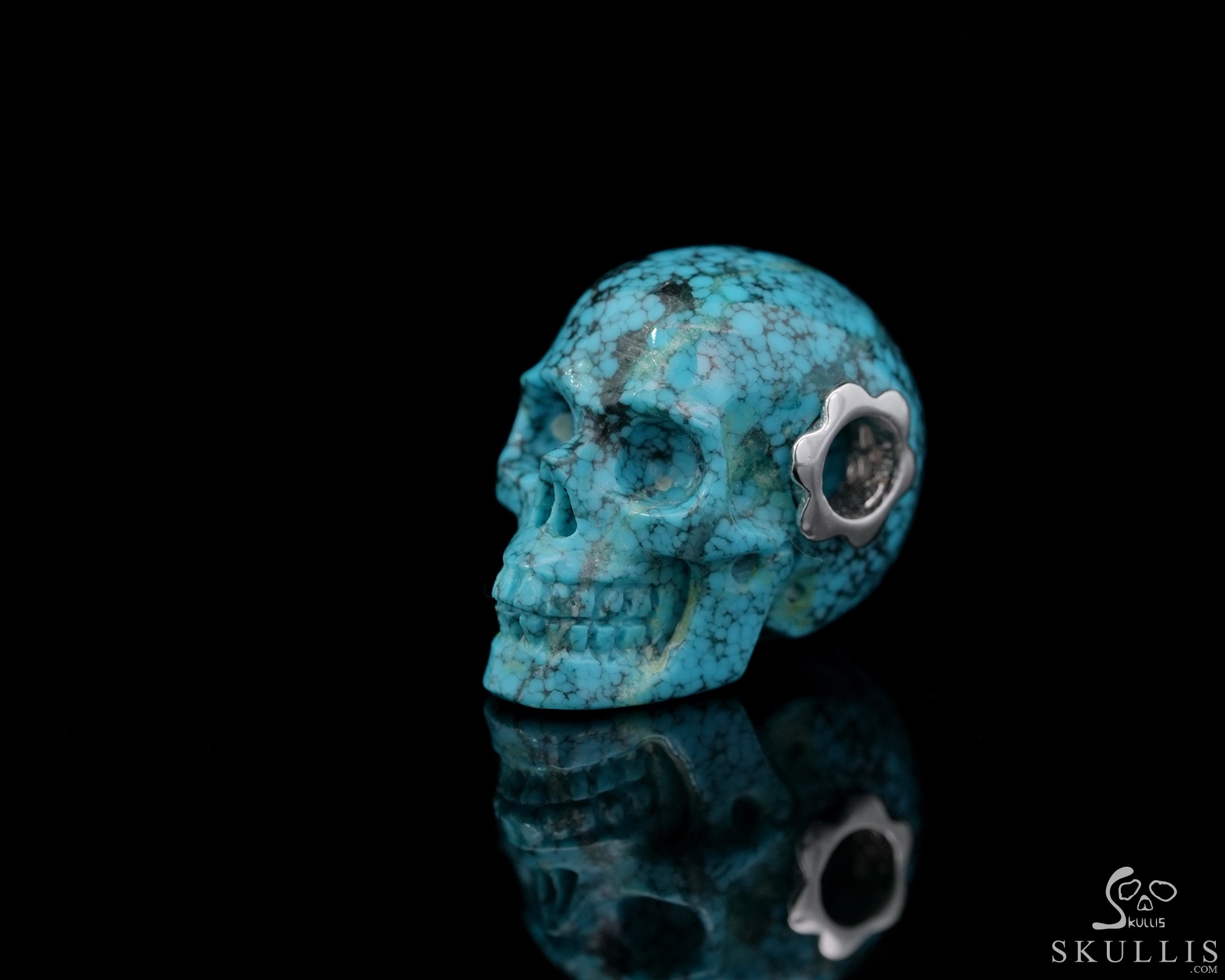 Gemstone Necklace of 0.7" Spider Web Turquoise Hand Carved Crystal Skull Pendant, Skull Jewelry Gemstone Necklace of 0.7" Spider Web Turquoise Hand Carved Crystal Skull Pendant, Skull Jewelry