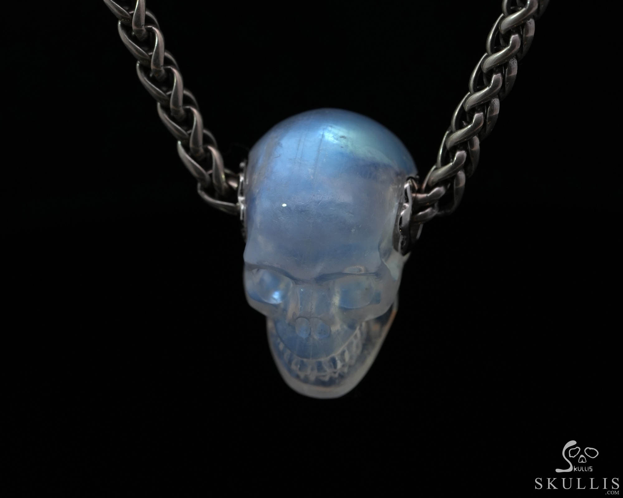 Gemstone Necklace of 0.7" Moonstone Hand Carved Crystal Skull Pendant, Skull Jewelry Gemstone Necklace of 0.7" Moonstone Hand Carved Crystal Skull Pendant, Skull Jewelry