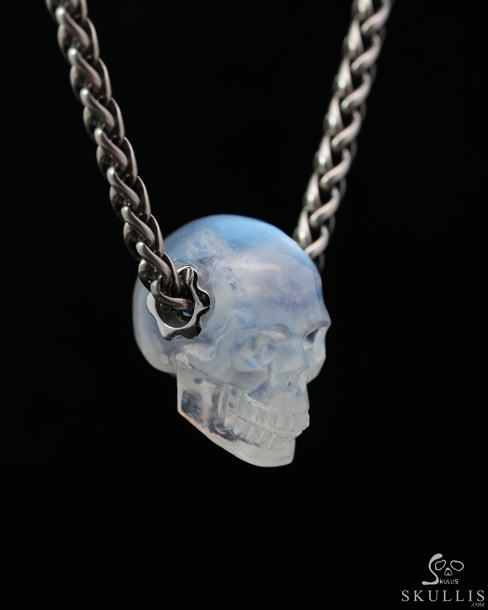 Gemstone Necklace of 0.7" Moonstone Hand Carved Crystal Skull Pendant, Skull Jewelry Gemstone Necklace of 0.7" Moonstone Hand Carved Crystal Skull Pendant, Skull Jewelry