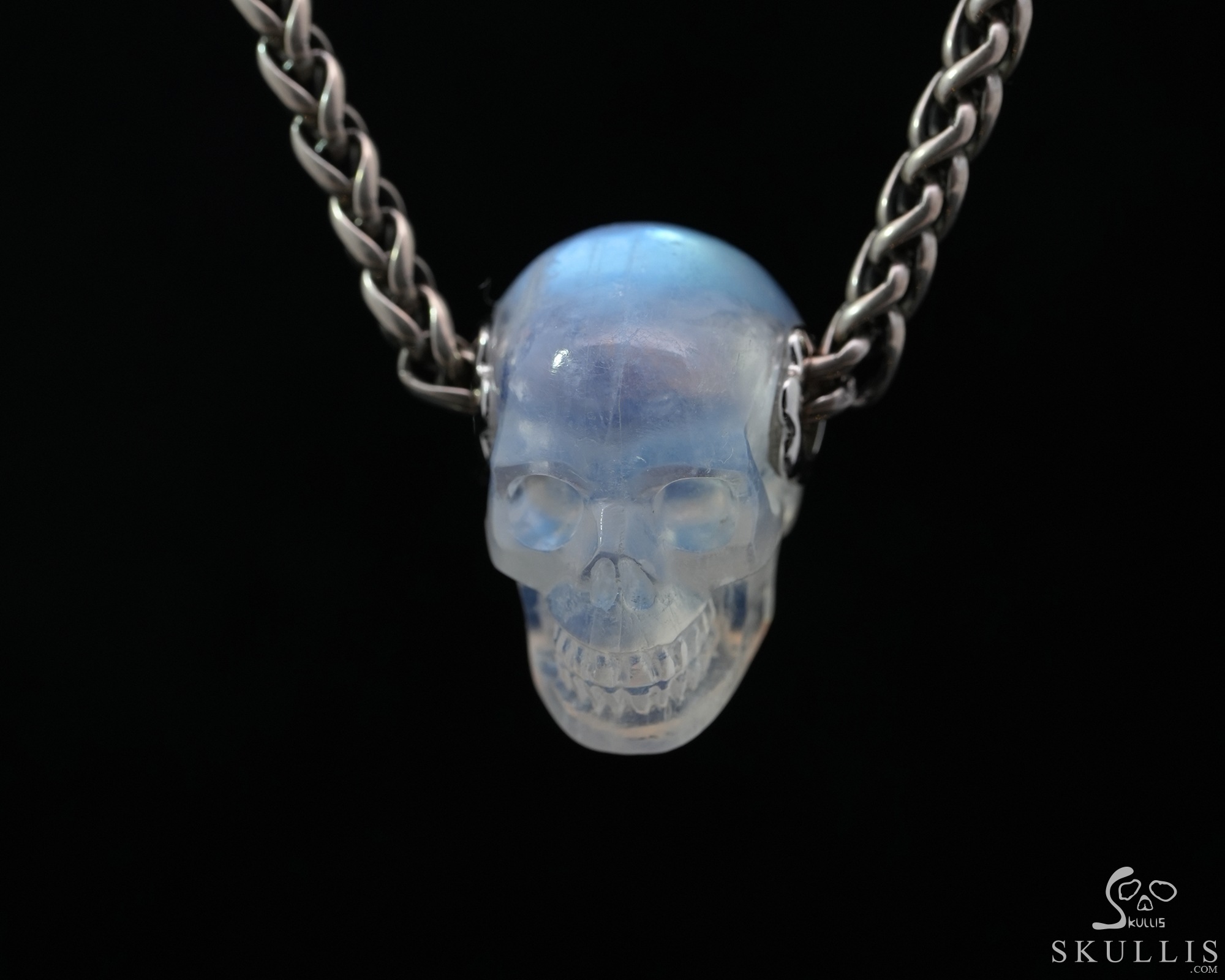 Gemstone Necklace of 0.7" Moonstone Hand Carved Crystal Skull Pendant, Skull Jewelry Gemstone Necklace of 0.7" Moonstone Hand Carved Crystal Skull Pendant, Skull Jewelry