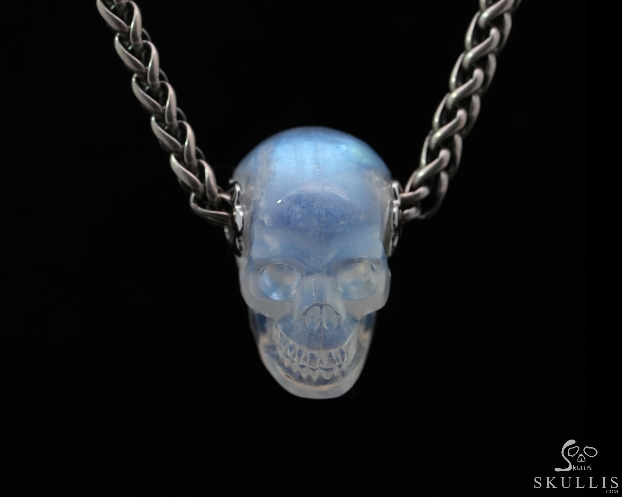 Gemstone Necklace of 0.7" Moonstone Hand Carved Crystal Skull Pendant, Skull Jewelry Gemstone Necklace of 0.7" Moonstone Hand Carved Crystal Skull Pendant, Skull Jewelry
