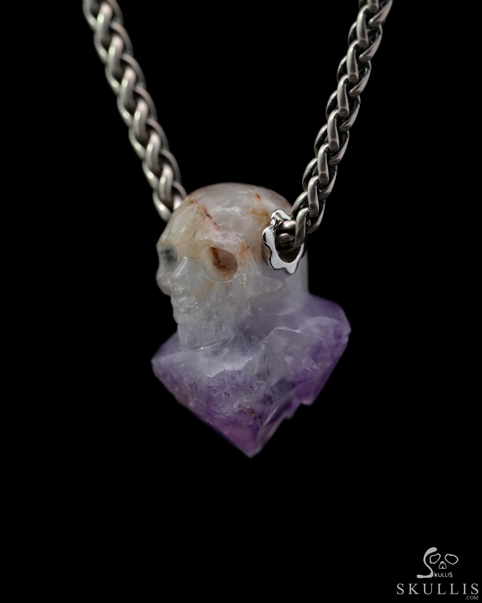 Gemstone Necklace of 1.0" Spirit Amethyst Hand Carved Crystal Skull Pendant, Skull Jewelry Gemstone Necklace of 1.0" Spirit Amethyst Hand Carved Crystal Skull Pendant, Skull Jewelry