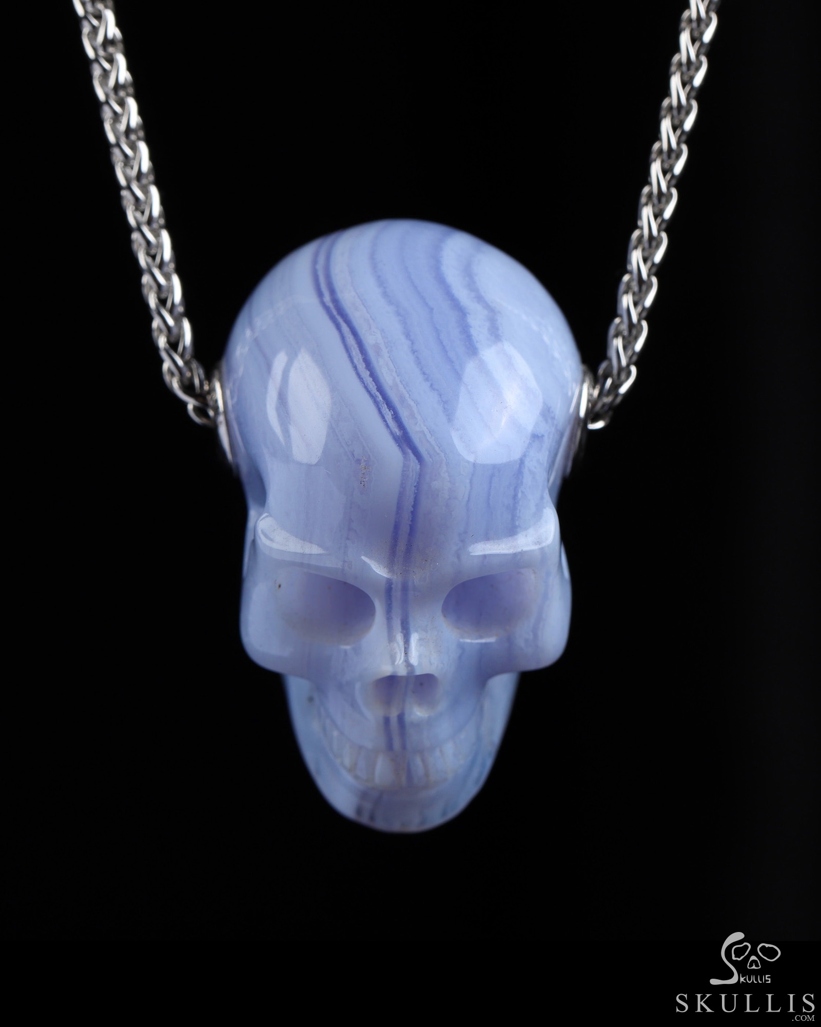 Gemstone Necklace of 1.4" Blue Lace Agate Hand Carved Crystal Skull Pendant, Skull Jewelry Gemstone Necklace of 1.4" Blue Lace Agate Hand Carved Crystal Skull Pendant, Skull Jewelry