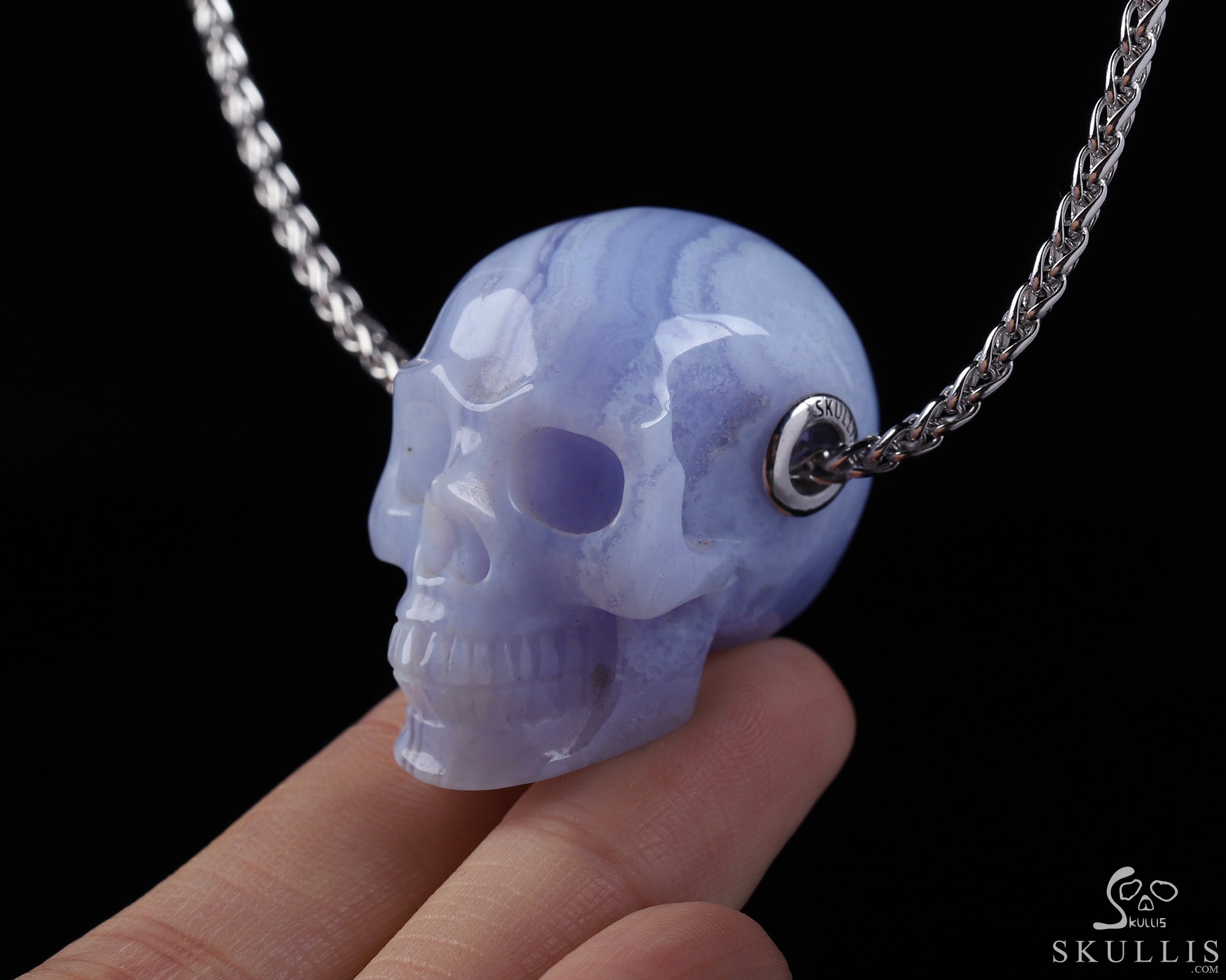Gemstone Necklace of 1.4" Blue Lace Agate Hand Carved Crystal Skull Pendant, Skull Jewelry Gemstone Necklace of 1.4" Blue Lace Agate Hand Carved Crystal Skull Pendant, Skull Jewelry
