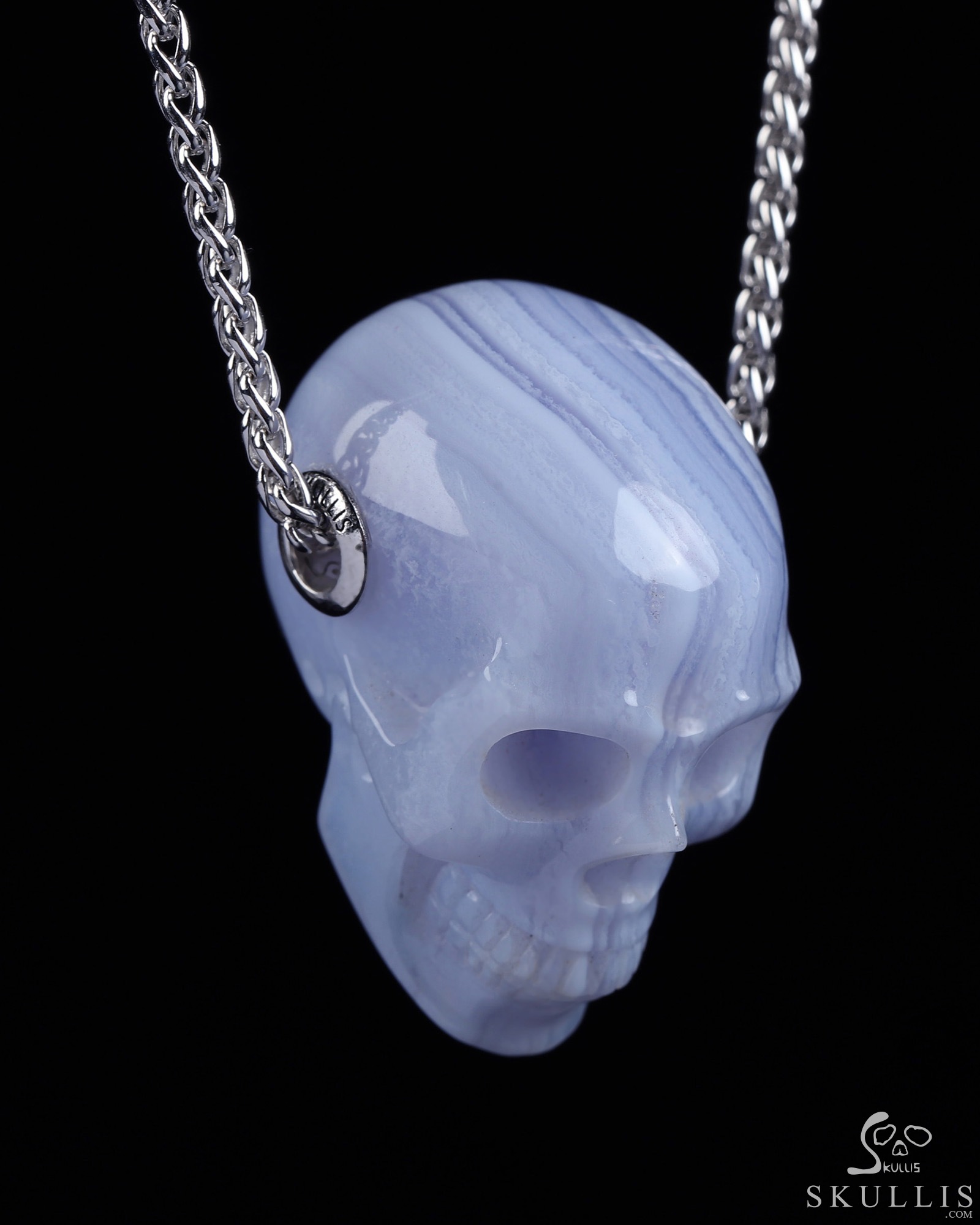 Gemstone Necklace of 1.4" Blue Lace Agate Hand Carved Crystal Skull Pendant, Skull Jewelry Gemstone Necklace of 1.4" Blue Lace Agate Hand Carved Crystal Skull Pendant, Skull Jewelry