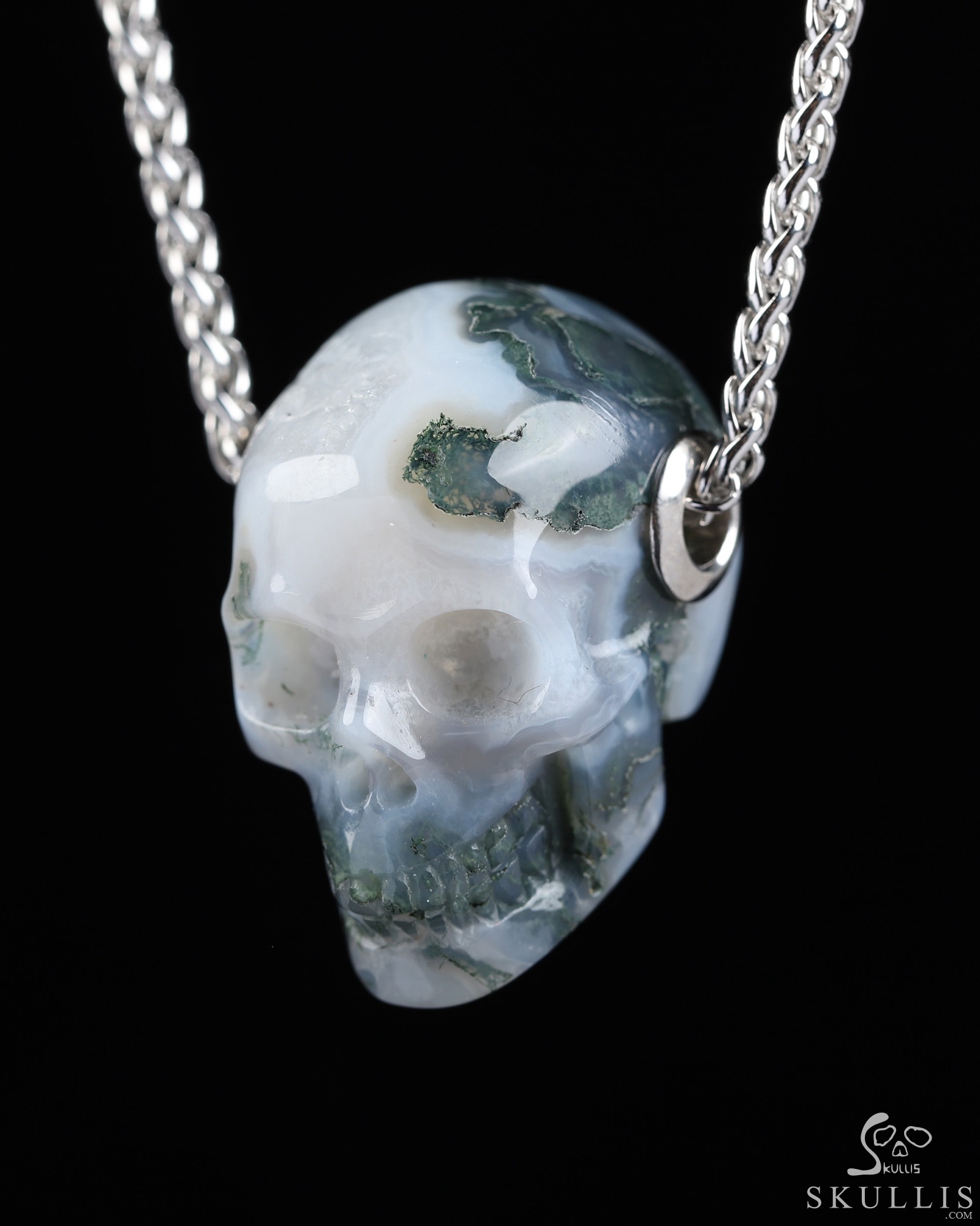 Necklace of 1.1" Green Moss Agate Hand Carved Crystal Skull Pendant, Skull Jewelry Necklace of 1.1" Green Moss Agate Hand Carved Crystal Skull Pendant, Skull Jewelry