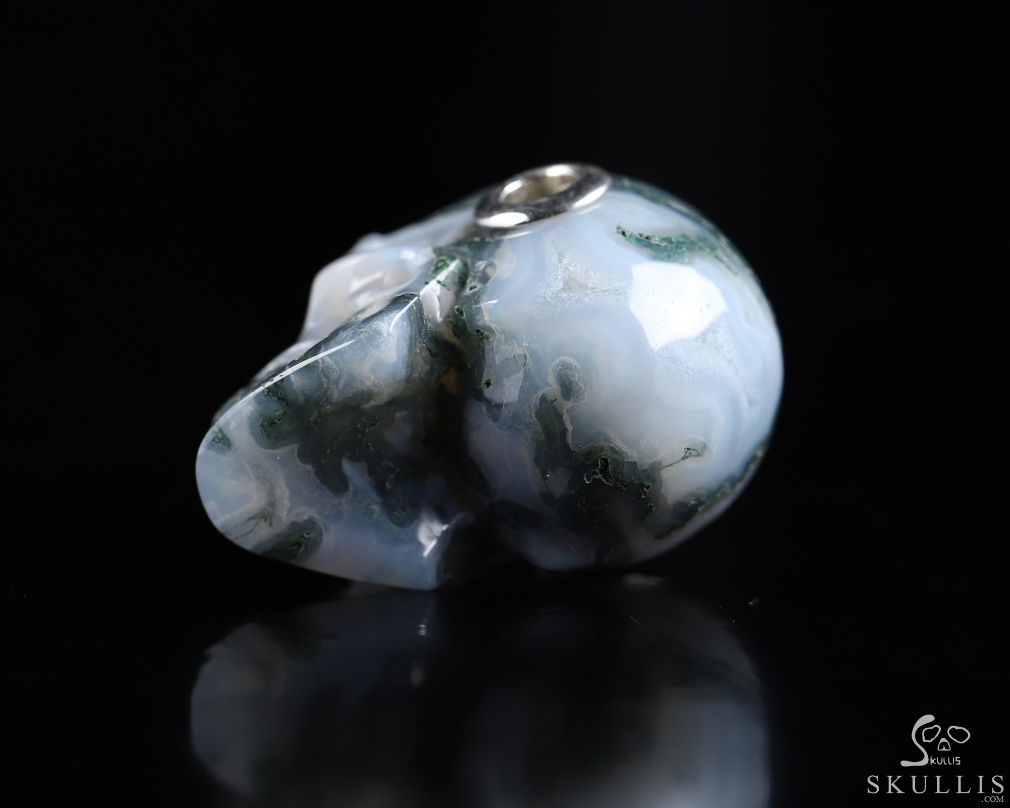 Necklace of 1.1" Green Moss Agate Hand Carved Crystal Skull Pendant, Skull Jewelry Necklace of 1.1" Green Moss Agate Hand Carved Crystal Skull Pendant, Skull Jewelry