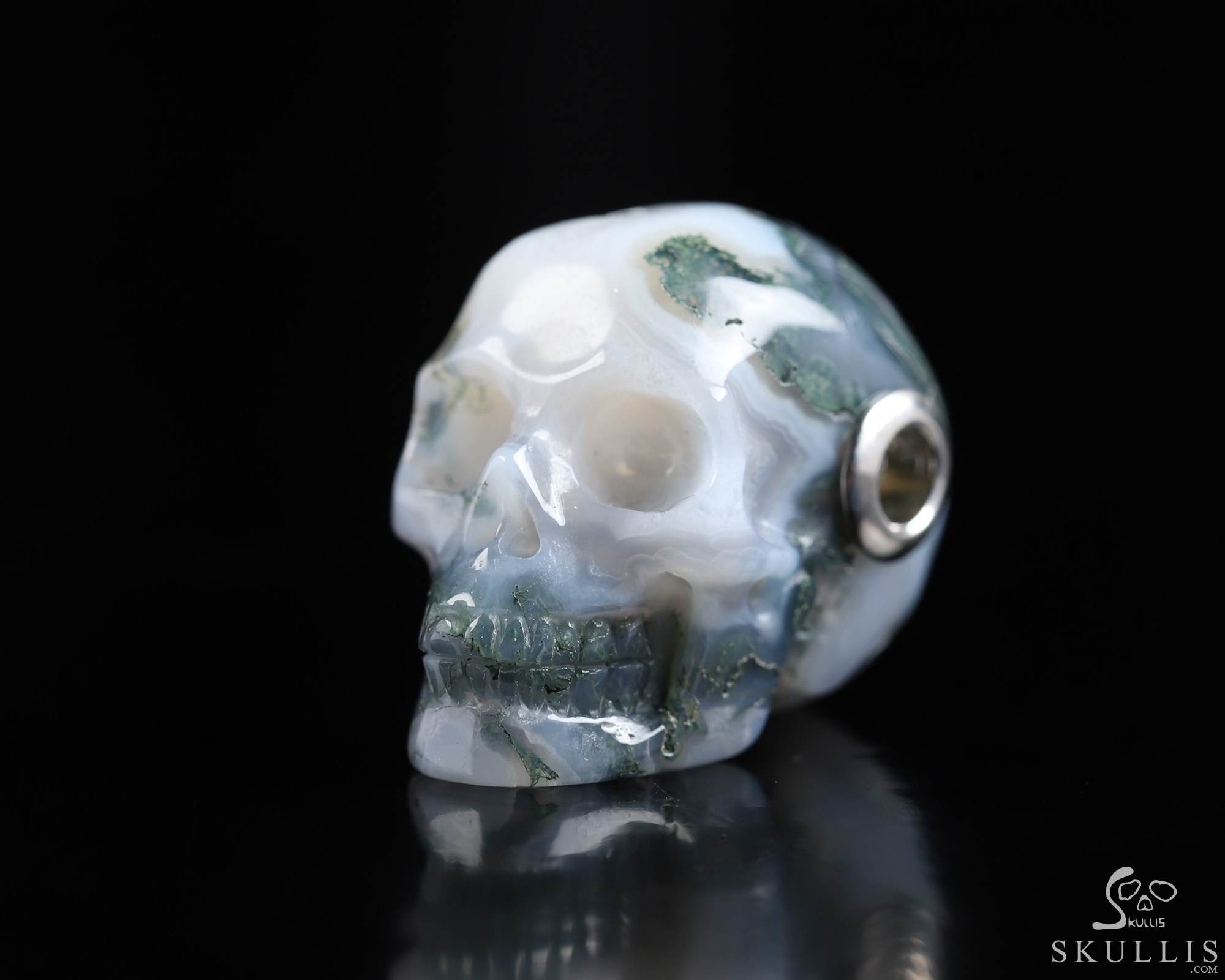 Necklace of 1.1" Green Moss Agate Hand Carved Crystal Skull Pendant, Skull Jewelry Necklace of 1.1" Green Moss Agate Hand Carved Crystal Skull Pendant, Skull Jewelry