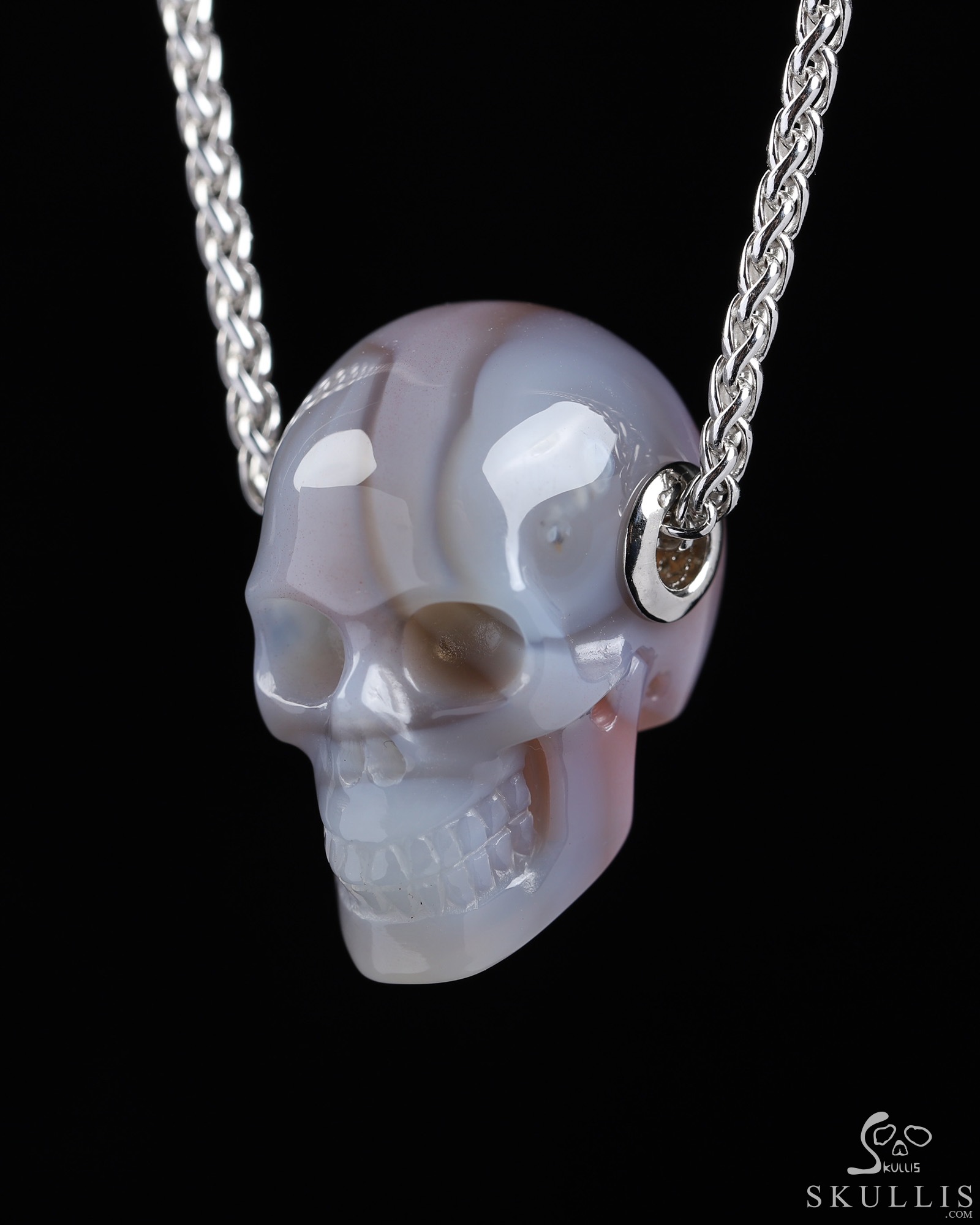Gemstone Necklace of 1.1" Mozambique Agate Hand Carved Crystal Skull Pendant, Skull Jewelry Gemstone Necklace of 1.1" Mozambique Agate Hand Carved Crystal Skull Pendant, Skull Jewelry