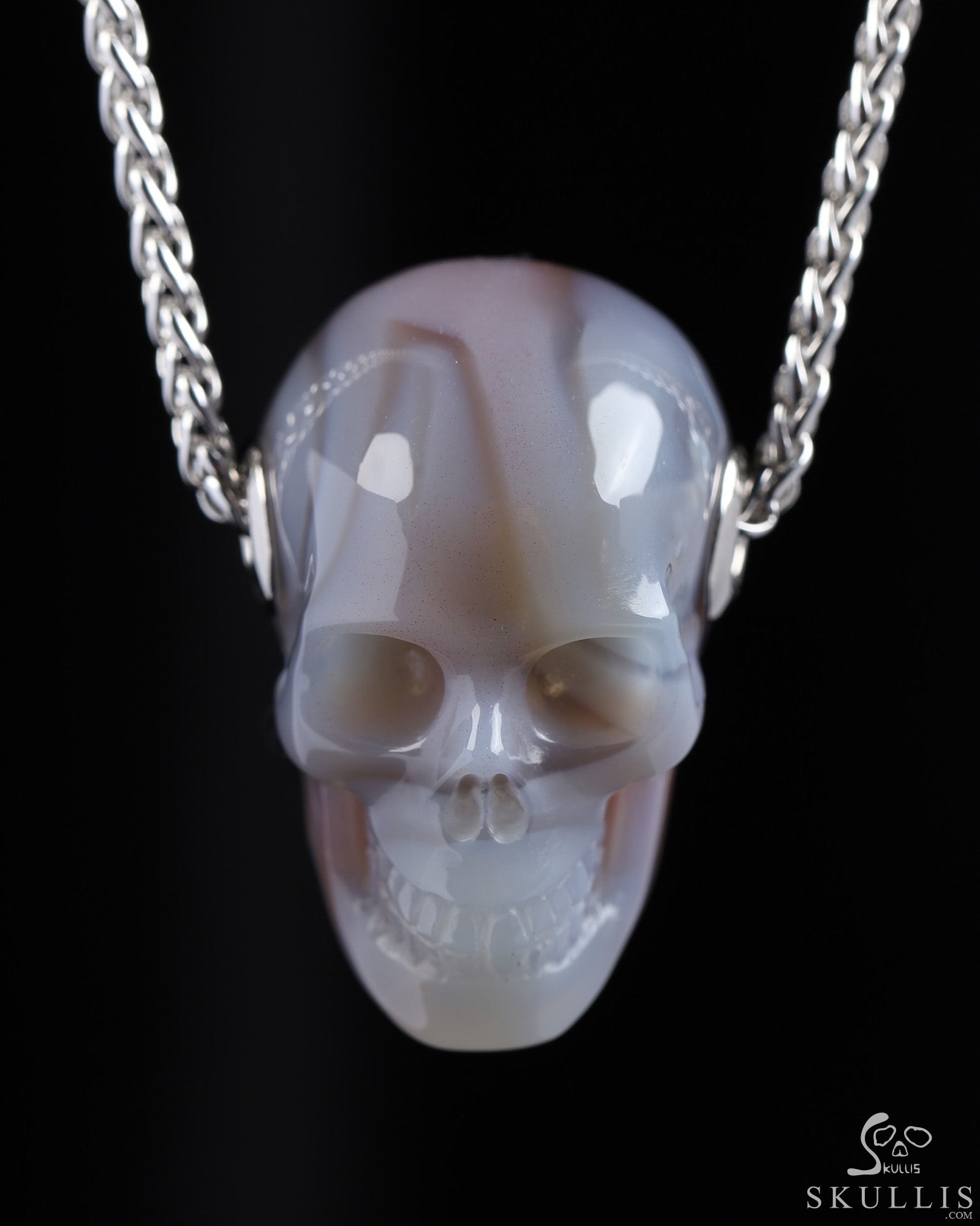 Gemstone Necklace of 1.1" Mozambique Agate Hand Carved Crystal Skull Pendant, Skull Jewelry Gemstone Necklace of 1.1" Mozambique Agate Hand Carved Crystal Skull Pendant, Skull Jewelry
