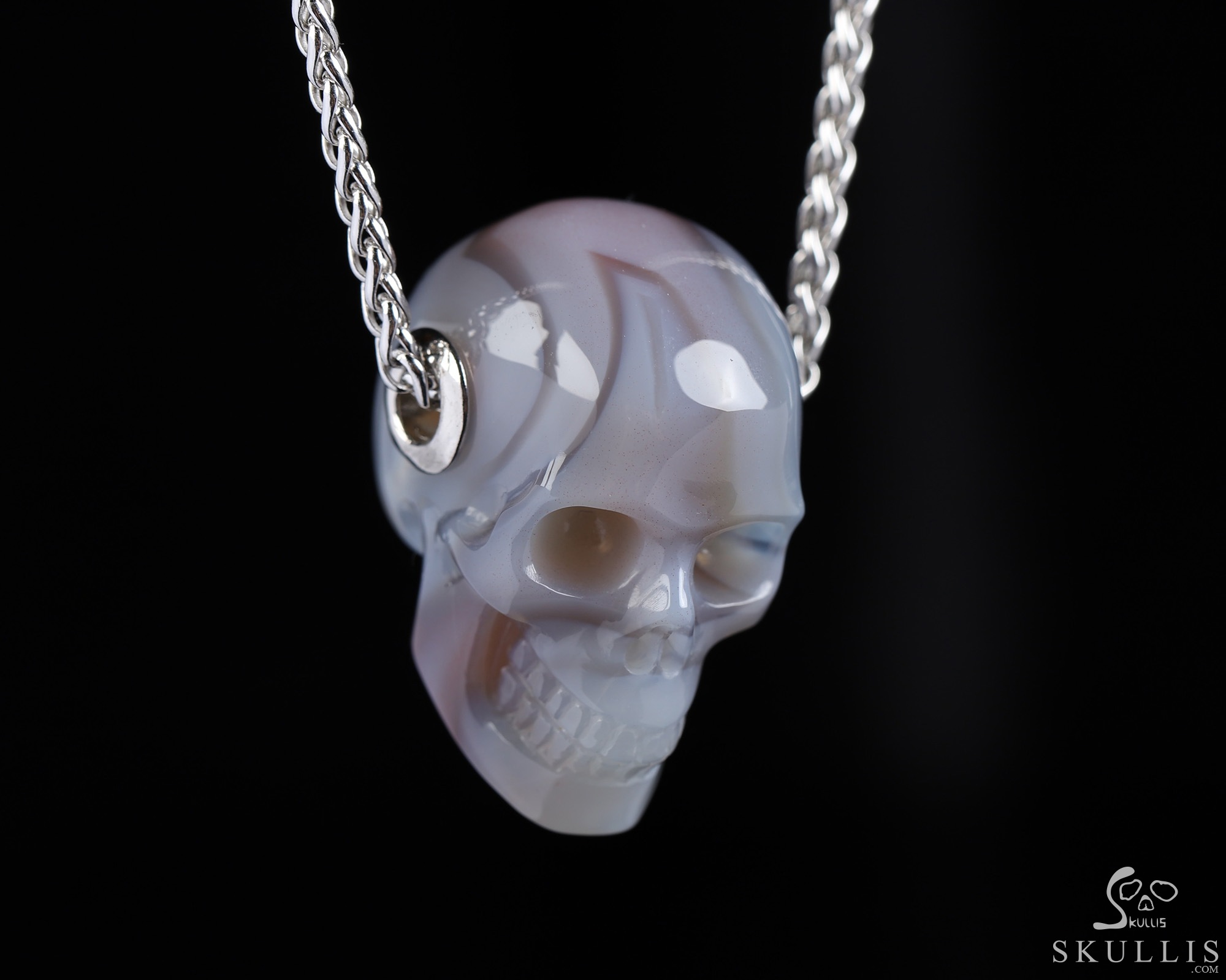 Gemstone Necklace of 1.1" Mozambique Agate Hand Carved Crystal Skull Pendant, Skull Jewelry Gemstone Necklace of 1.1" Mozambique Agate Hand Carved Crystal Skull Pendant, Skull Jewelry