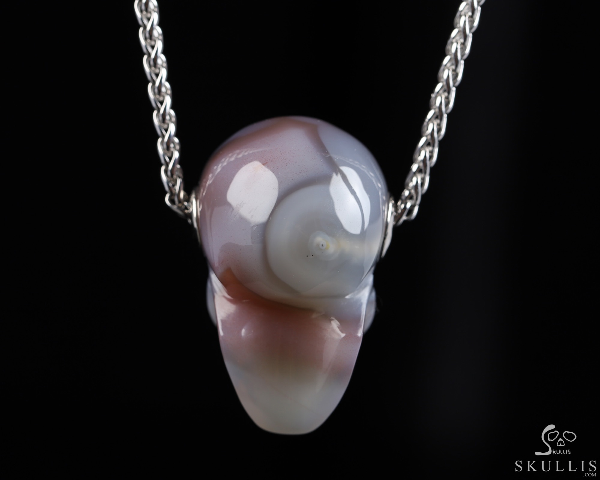 Gemstone Necklace of 1.1" Mozambique Agate Hand Carved Crystal Skull Pendant, Skull Jewelry Gemstone Necklace of 1.1" Mozambique Agate Hand Carved Crystal Skull Pendant, Skull Jewelry