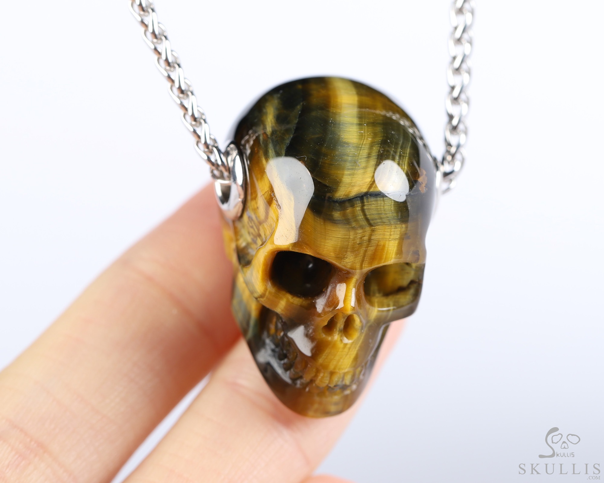 Gemstone Necklace of 1.1" Blue & Gold Tiger's Eye Hand Carved Crystal Skull Pendant, Skull Jewelry Gemstone Necklace of 1.1" Blue & Gold Tiger's Eye Hand Carved Crystal Skull Pendant, Skull Jewelry