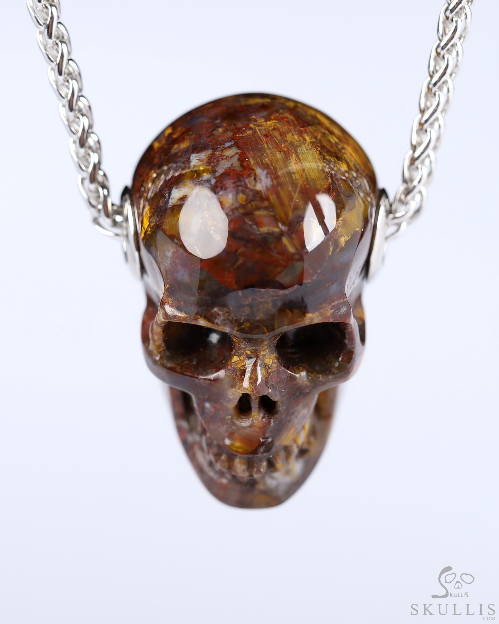 Necklace of 1.1" Pietersite Hand Carved Crystal Skull Pendant, Skull Jewelry Necklace of 1.1" Pietersite Hand Carved Crystal Skull Pendant, Skull Jewelry