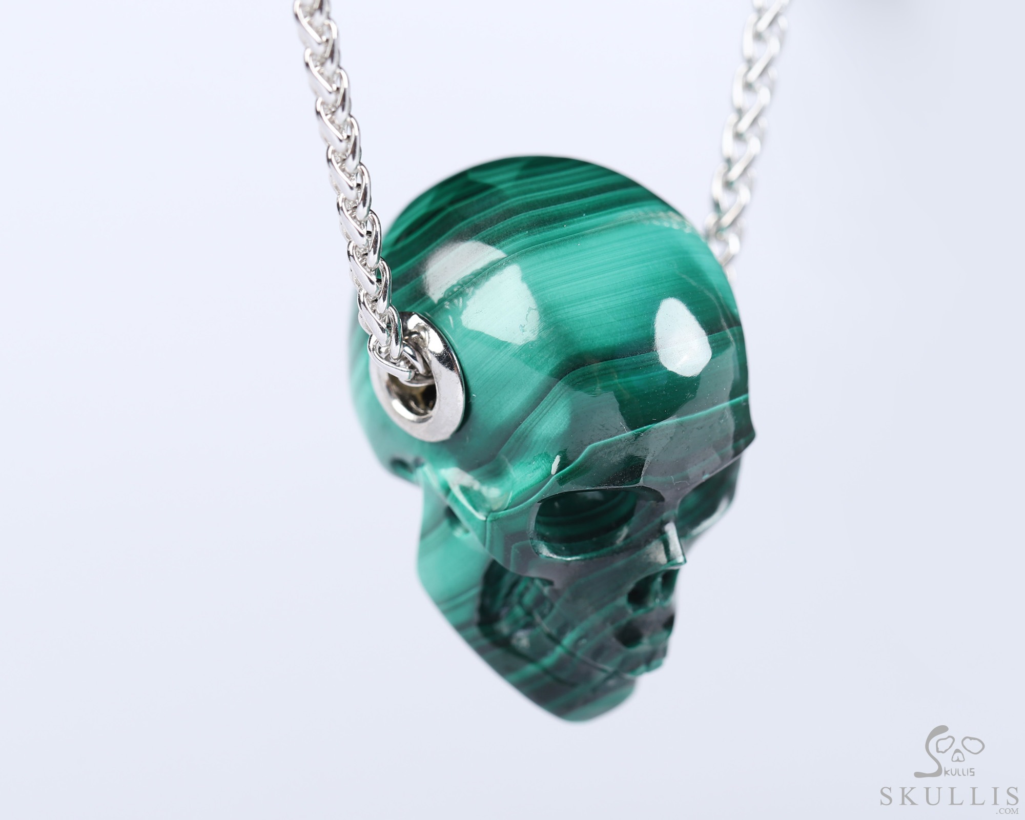 Gemstone Necklace of 1.1" Malachite Hand Carved Crystal Skull Pendant, Skull Jewelry Gemstone Necklace of 1.1" Malachite Hand Carved Crystal Skull Pendant, Skull Jewelry