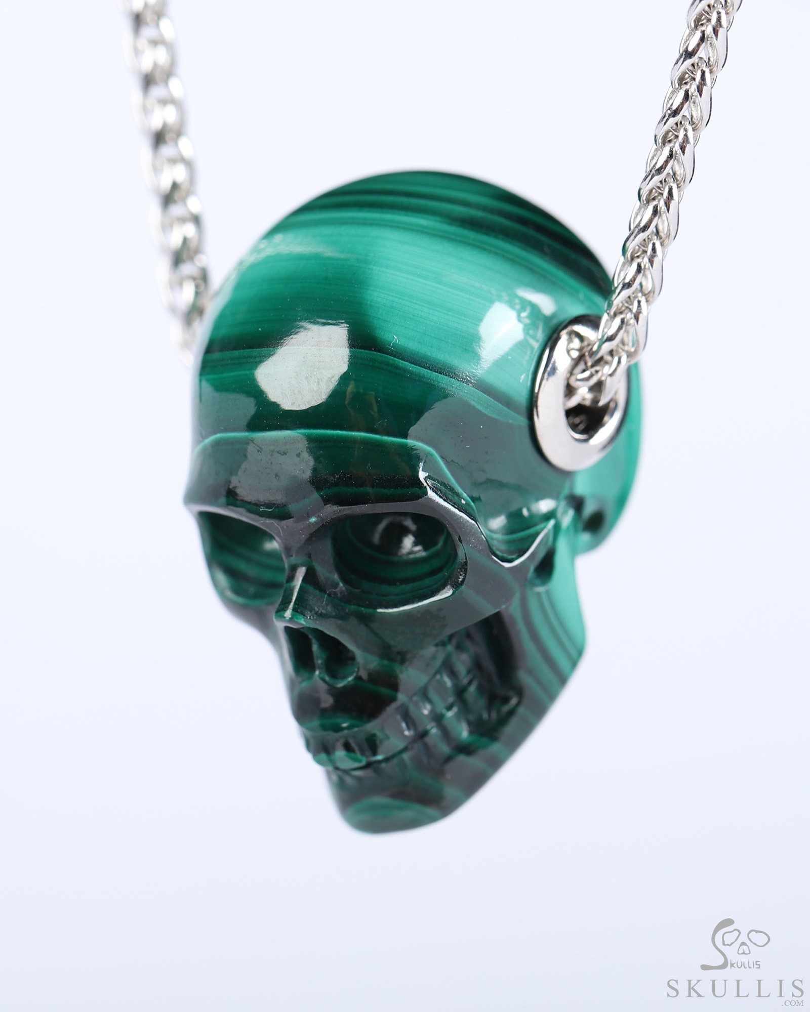 Gemstone Necklace of 1.1" Malachite Hand Carved Crystal Skull Pendant, Skull Jewelry Gemstone Necklace of 1.1" Malachite Hand Carved Crystal Skull Pendant, Skull Jewelry