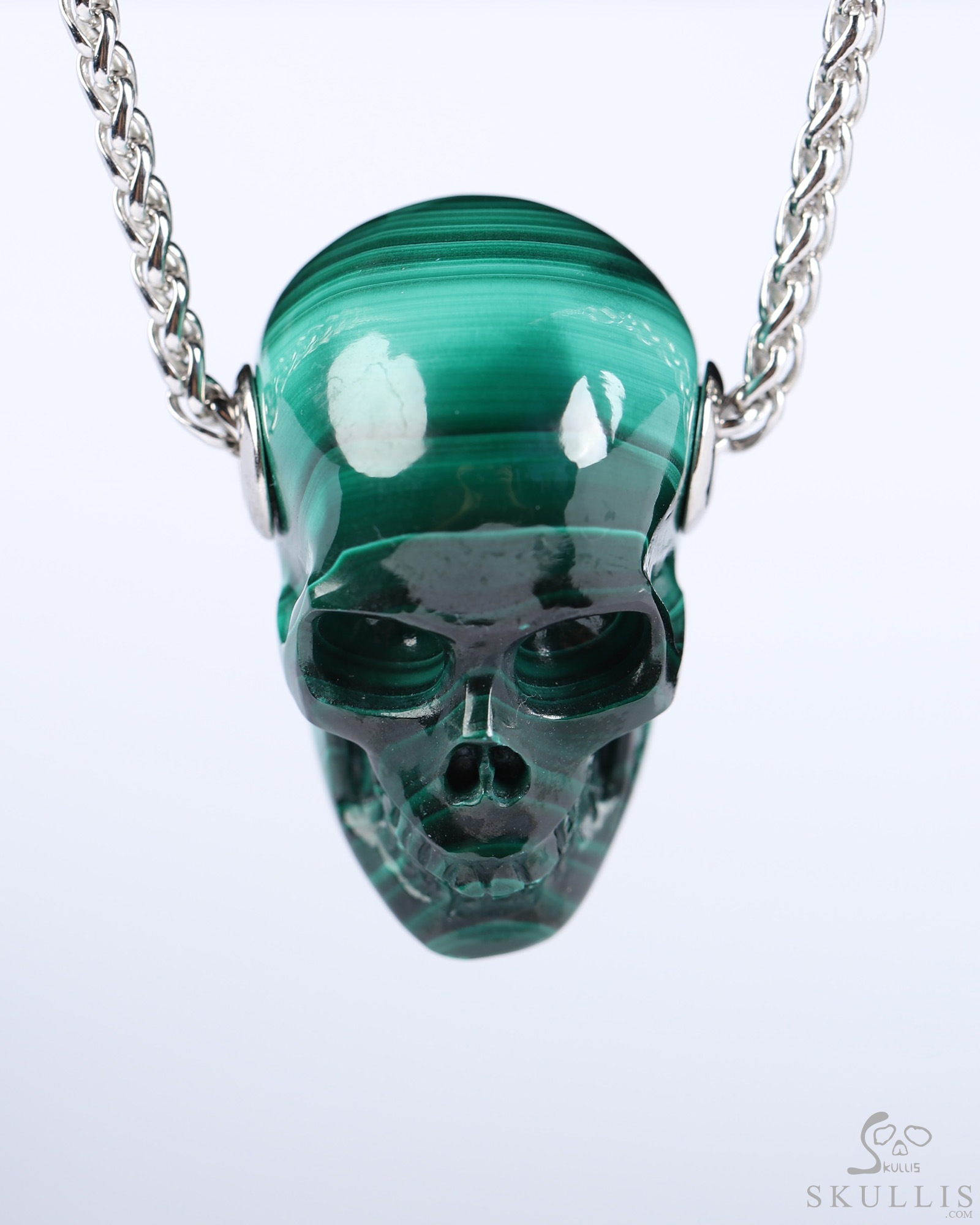 Gemstone Necklace of 1.1" Malachite Hand Carved Crystal Skull Pendant, Skull Jewelry Gemstone Necklace of 1.1" Malachite Hand Carved Crystal Skull Pendant, Skull Jewelry
