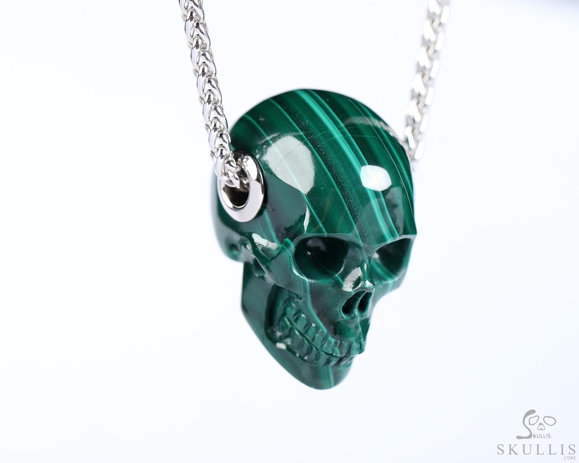 Gemstone Necklace of 1.1" Malachite Hand Carved Crystal Skull Pendant, Skull Jewelry Gemstone Necklace of 1.1" Malachite Hand Carved Crystal Skull Pendant, Skull Jewelry