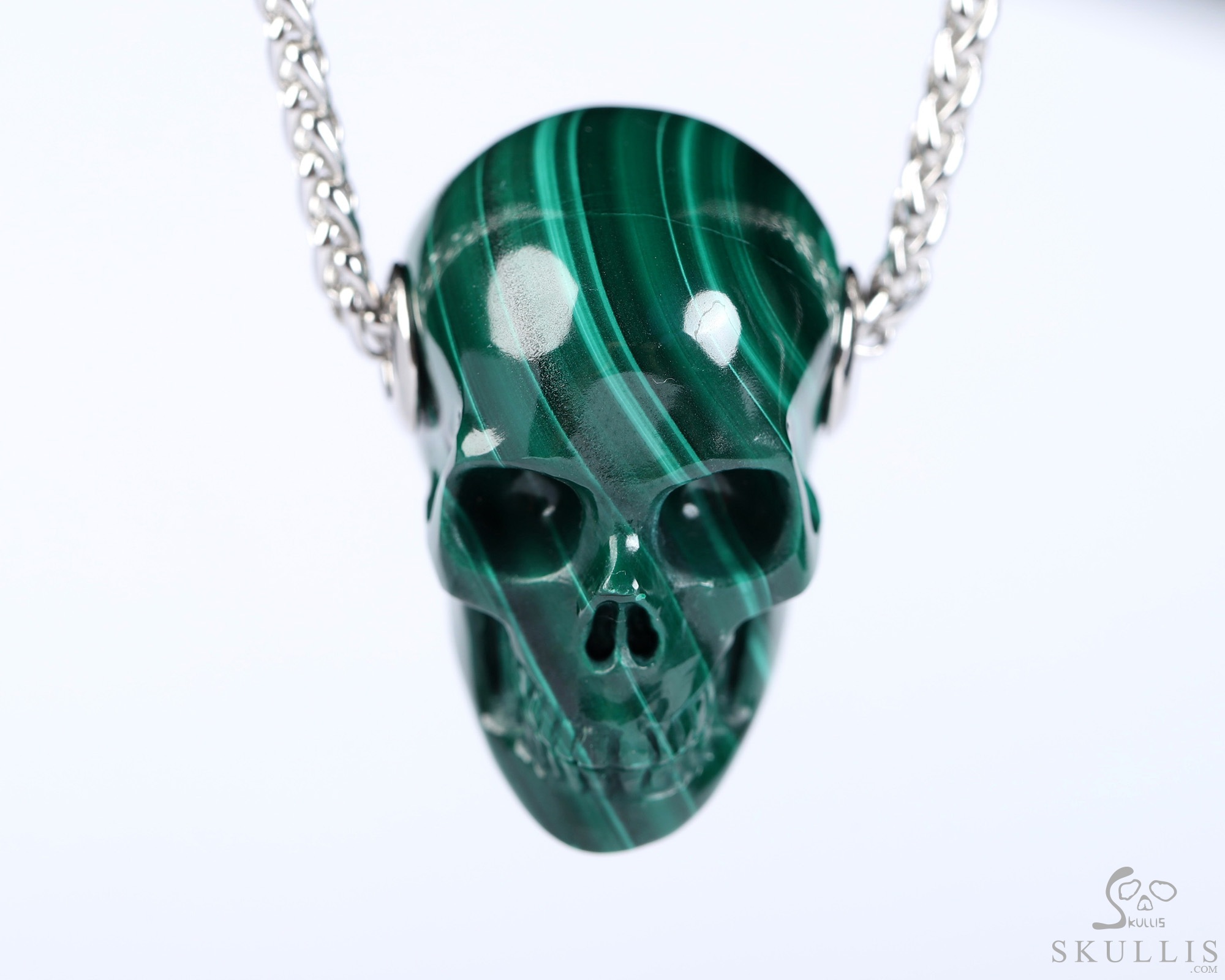 Gemstone Necklace of 1.1" Malachite Hand Carved Crystal Skull Pendant, Skull Jewelry Gemstone Necklace of 1.1" Malachite Hand Carved Crystal Skull Pendant, Skull Jewelry
