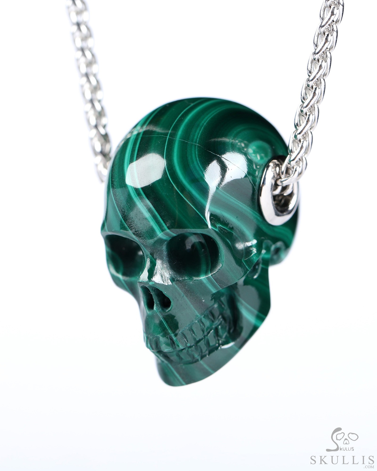 Gemstone Necklace of 1.1" Malachite Hand Carved Crystal Skull Pendant, Skull Jewelry Gemstone Necklace of 1.1" Malachite Hand Carved Crystal Skull Pendant, Skull Jewelry