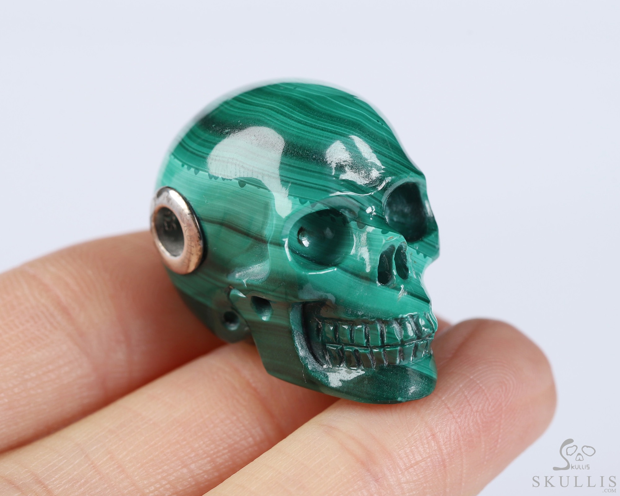 Gemstone Necklace of 1.1" Malachite Hand Carved Crystal Skull Pendant, Skull Jewelry Gemstone Necklace of 1.1" Malachite Hand Carved Crystal Skull Pendant, Skull Jewelry