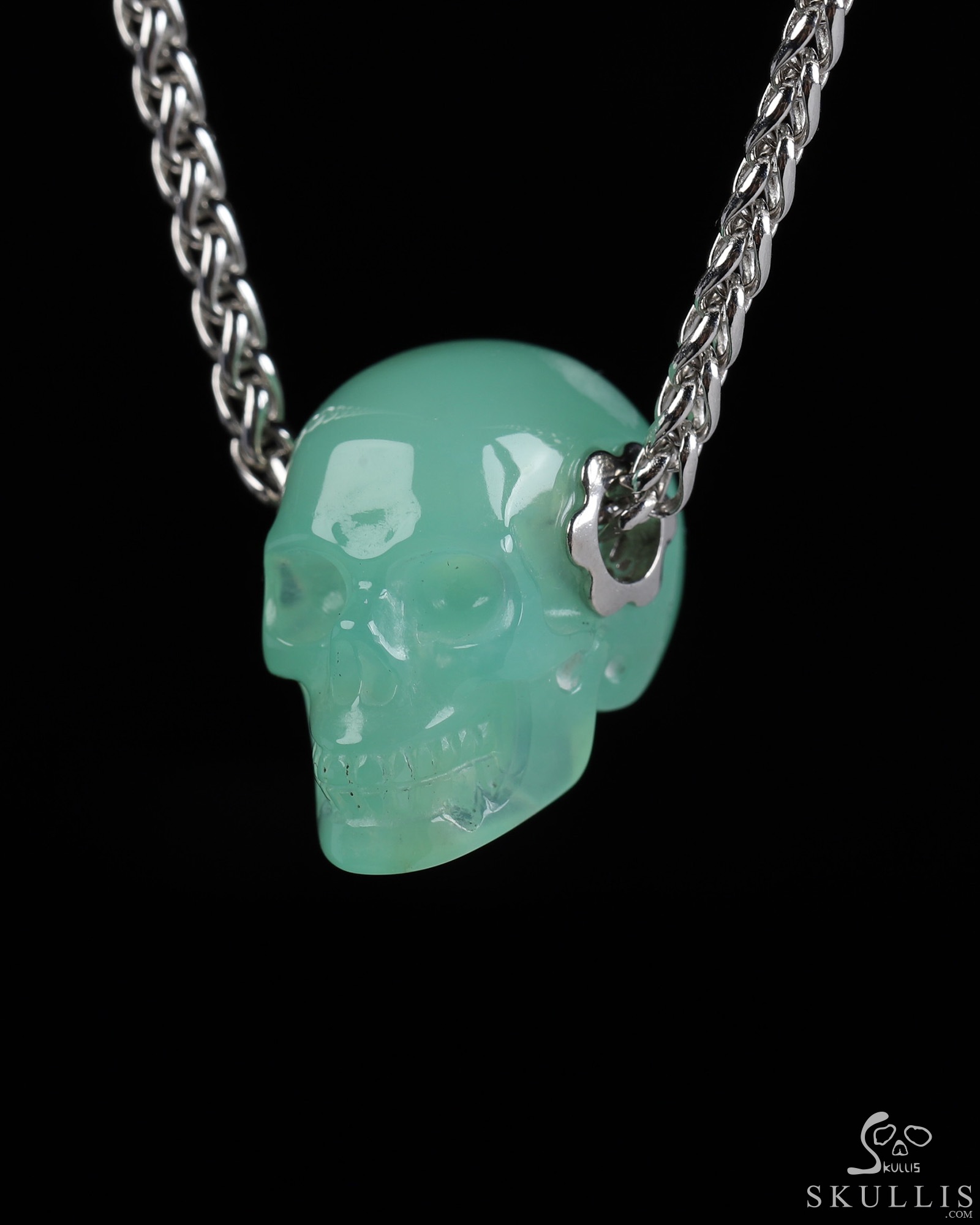 Necklace of 0.7" Chrysoprase Hand Carved Crystal Skull Pendant, Skull Jewelry Necklace of 0.7" Chrysoprase Hand Carved Crystal Skull Pendant, Skull Jewelry