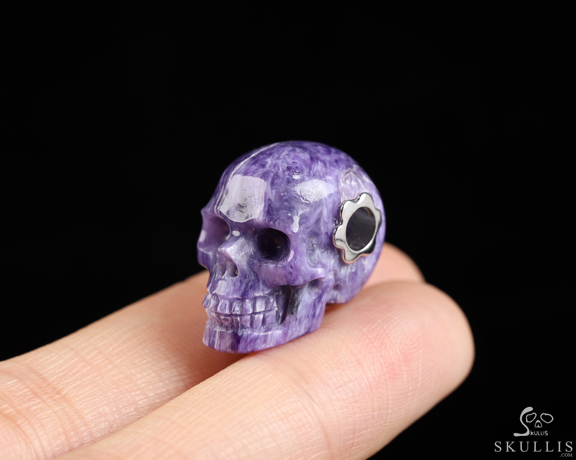 Gemstone Necklace of 0.7" Russian Charoite Hand Carved Crystal Skull Pendant, Skull Jewelry Gemstone Necklace of 0.7" Russian Charoite Hand Carved Crystal Skull Pendant, Skull Jewelry