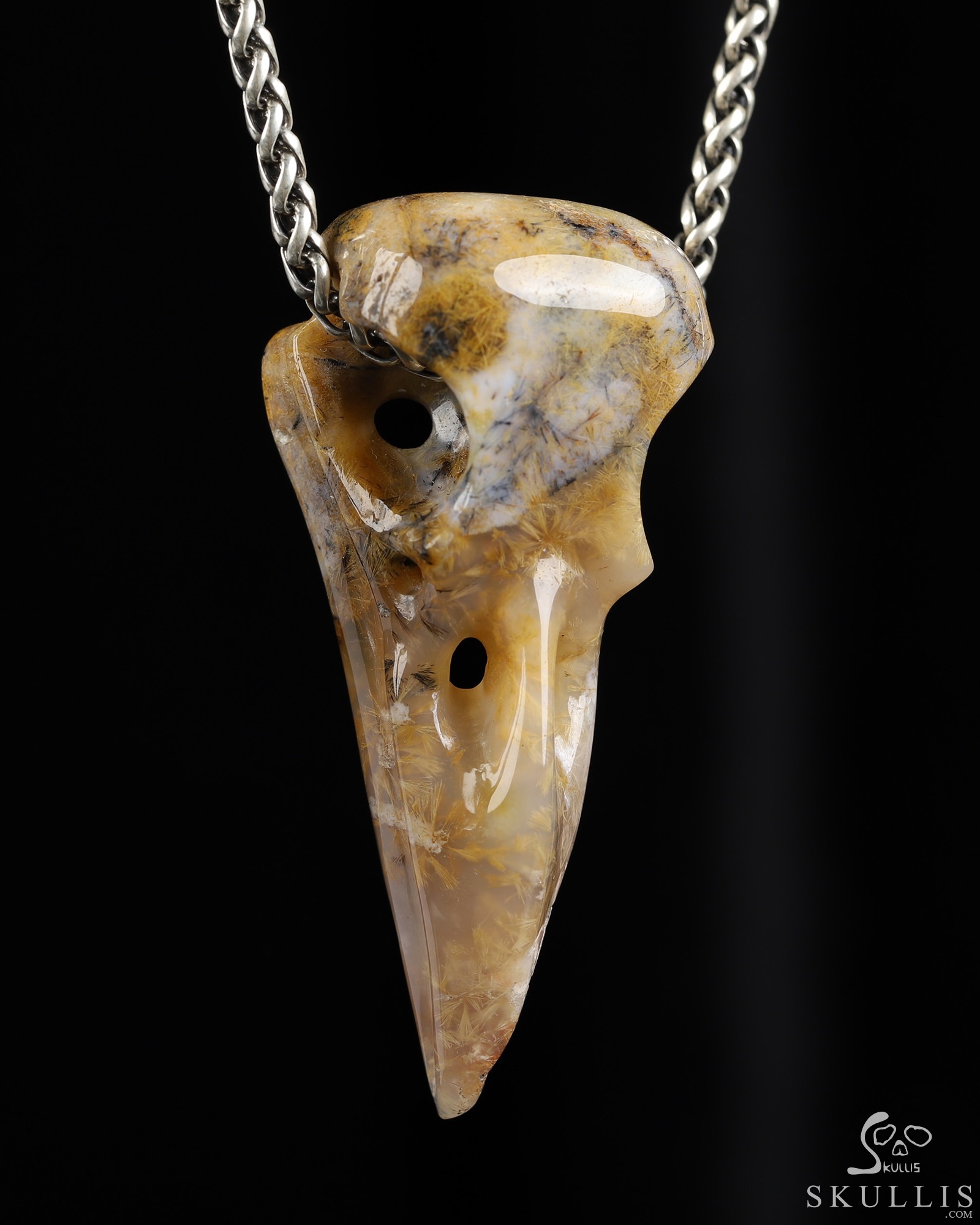 Necklace of 2.3" Sagenitic Agate Hand Carved Crystal Skull Pendant, Skull Jewelry Necklace of 2.3" Sagenitic Agate Hand Carved Crystal Skull Pendant, Skull Jewelry