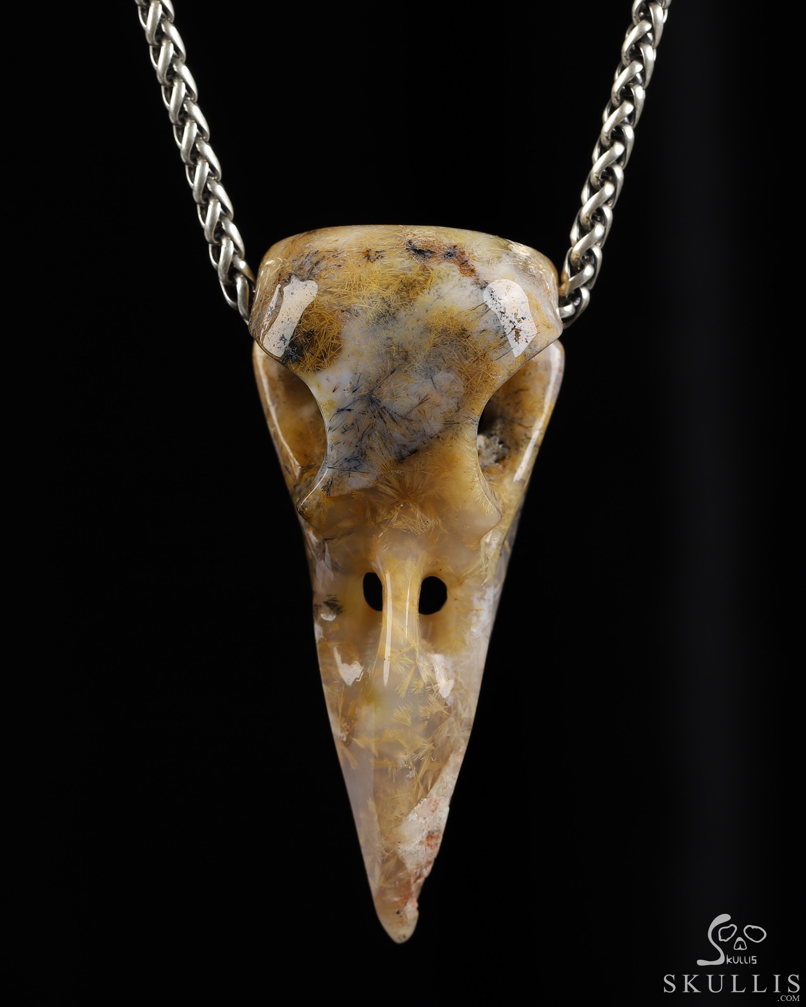 Necklace of 2.3" Sagenitic Agate Hand Carved Crystal Skull Pendant, Skull Jewelry Necklace of 2.3" Sagenitic Agate Hand Carved Crystal Skull Pendant, Skull Jewelry