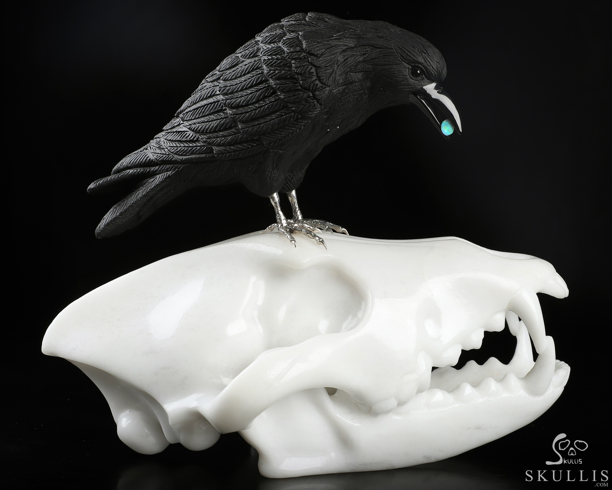 7.5" White Jade Hand Carved Crystal Wolf Skull and Raven with Opal Sculpture, Crystal Healing 7.5" White Jade Hand Carved Crystal Wolf Skull and Raven with Opal Sculpture, Crystal Healing