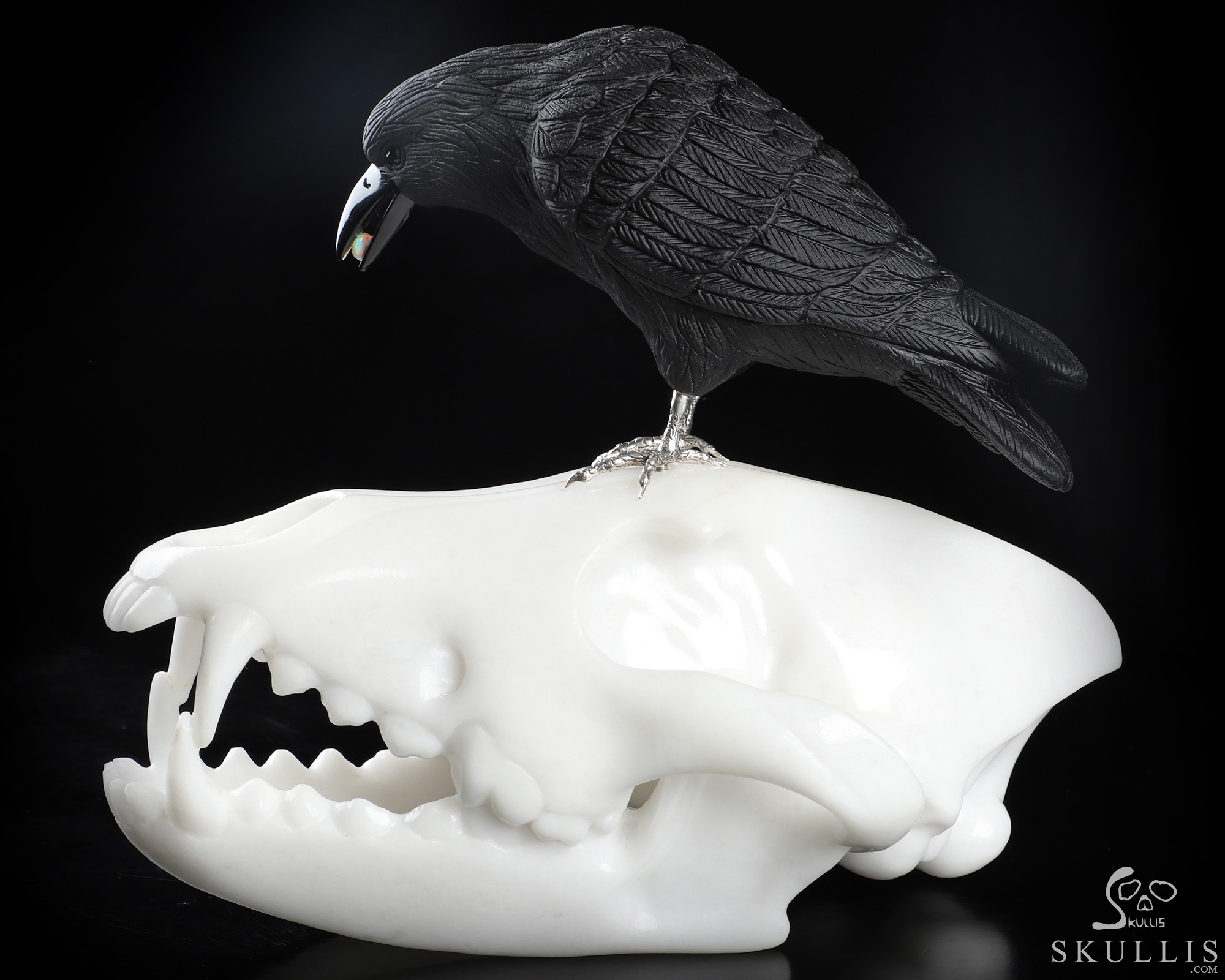 7.5" White Jade Hand Carved Crystal Wolf Skull and Raven with Opal Sculpture, Crystal Healing 7.5" White Jade Hand Carved Crystal Wolf Skull and Raven with Opal Sculpture, Crystal Healing