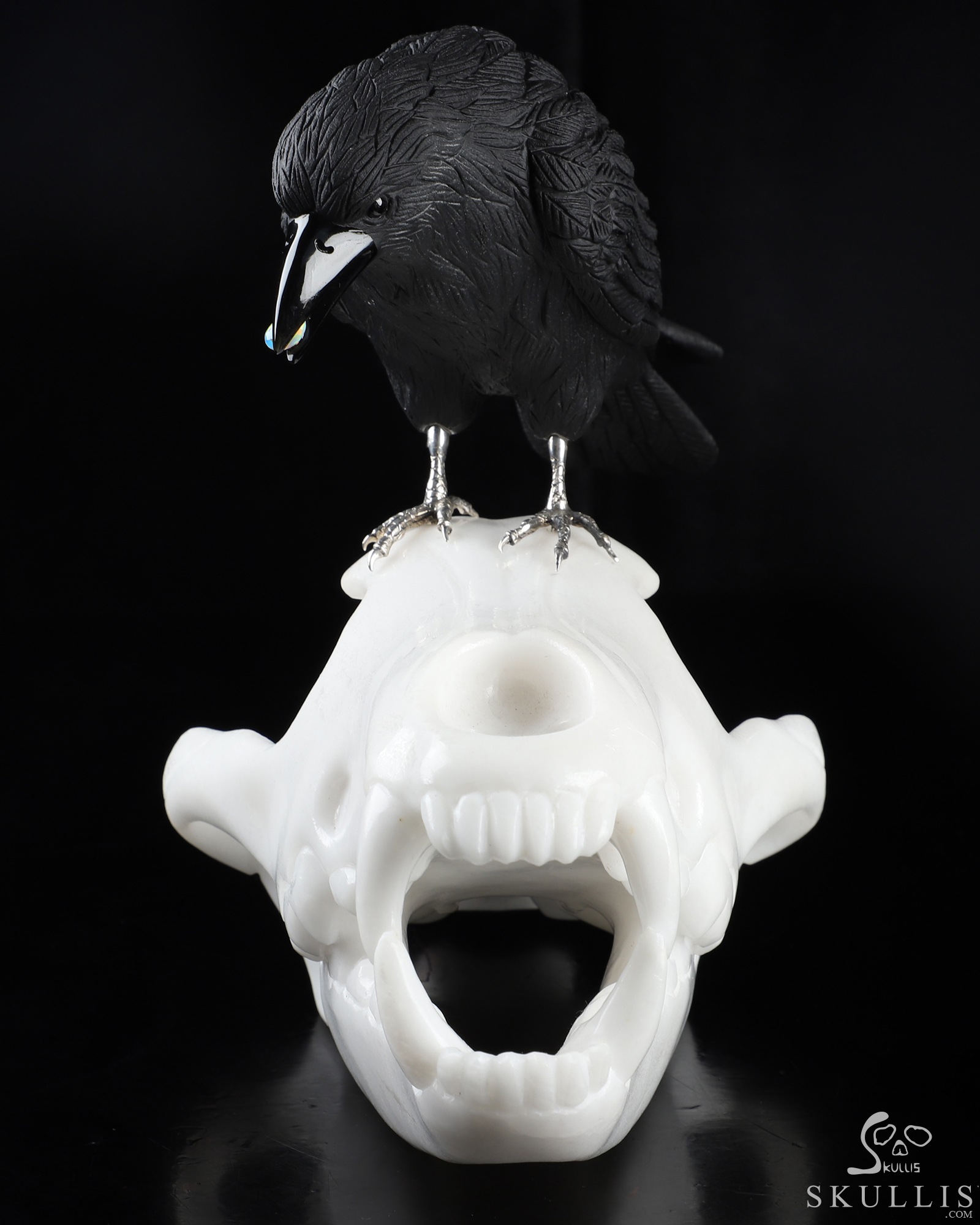 7.5" White Jade Hand Carved Crystal Wolf Skull and Raven with Opal Sculpture, Crystal Healing 7.5" White Jade Hand Carved Crystal Wolf Skull and Raven with Opal Sculpture, Crystal Healing