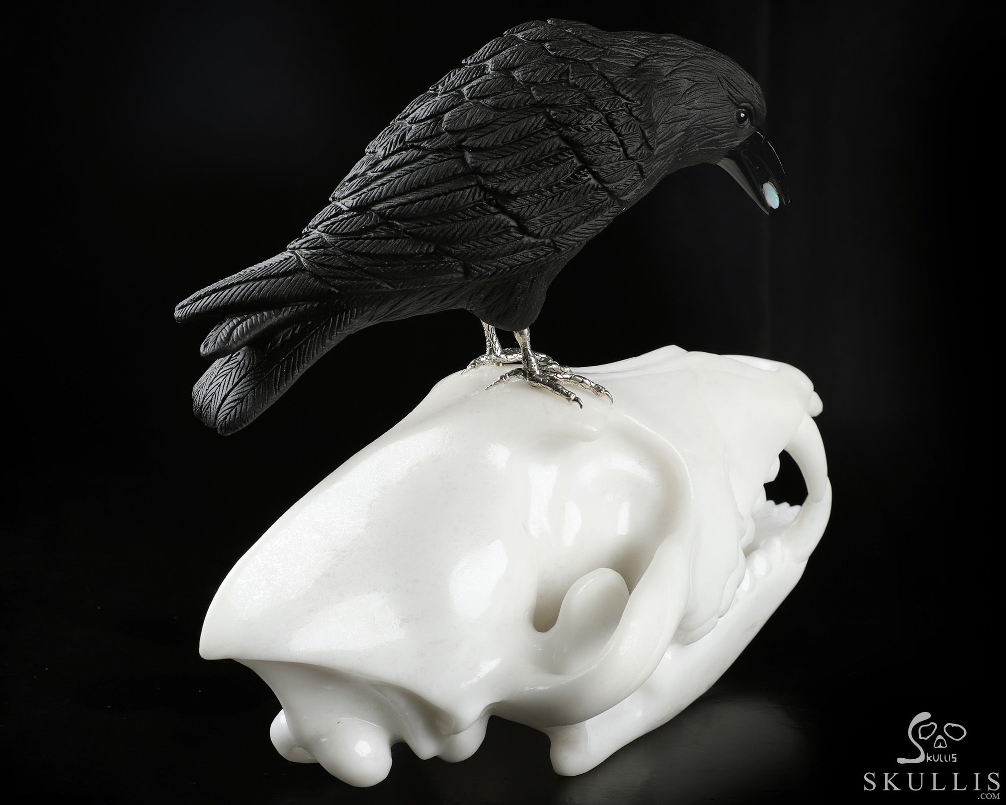 7.5" White Jade Hand Carved Crystal Wolf Skull and Raven with Opal Sculpture, Crystal Healing 7.5" White Jade Hand Carved Crystal Wolf Skull and Raven with Opal Sculpture, Crystal Healing